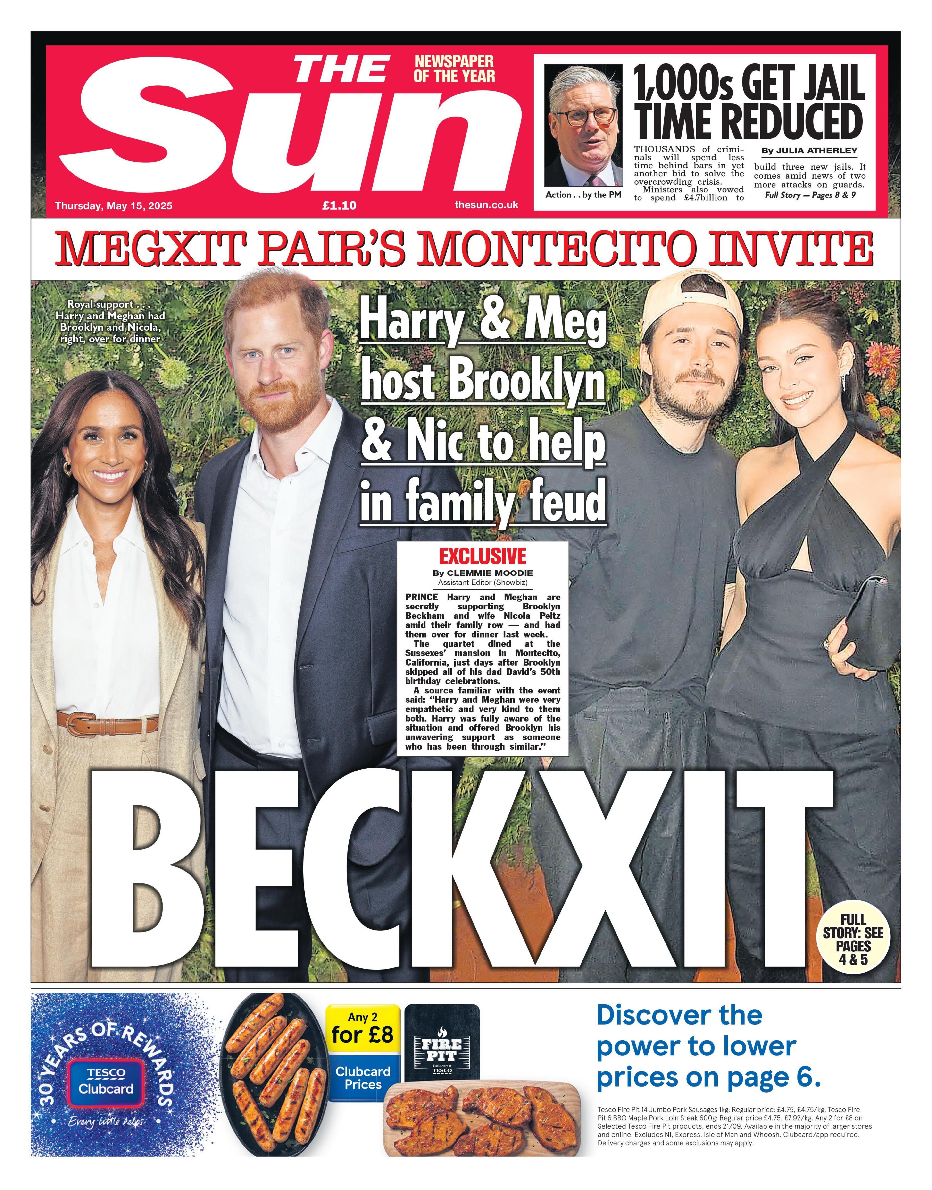 The headline on the front page of The Sun reads: "Beckxit: Harry & Meg host Brooklyn & Nic to help in family feud".