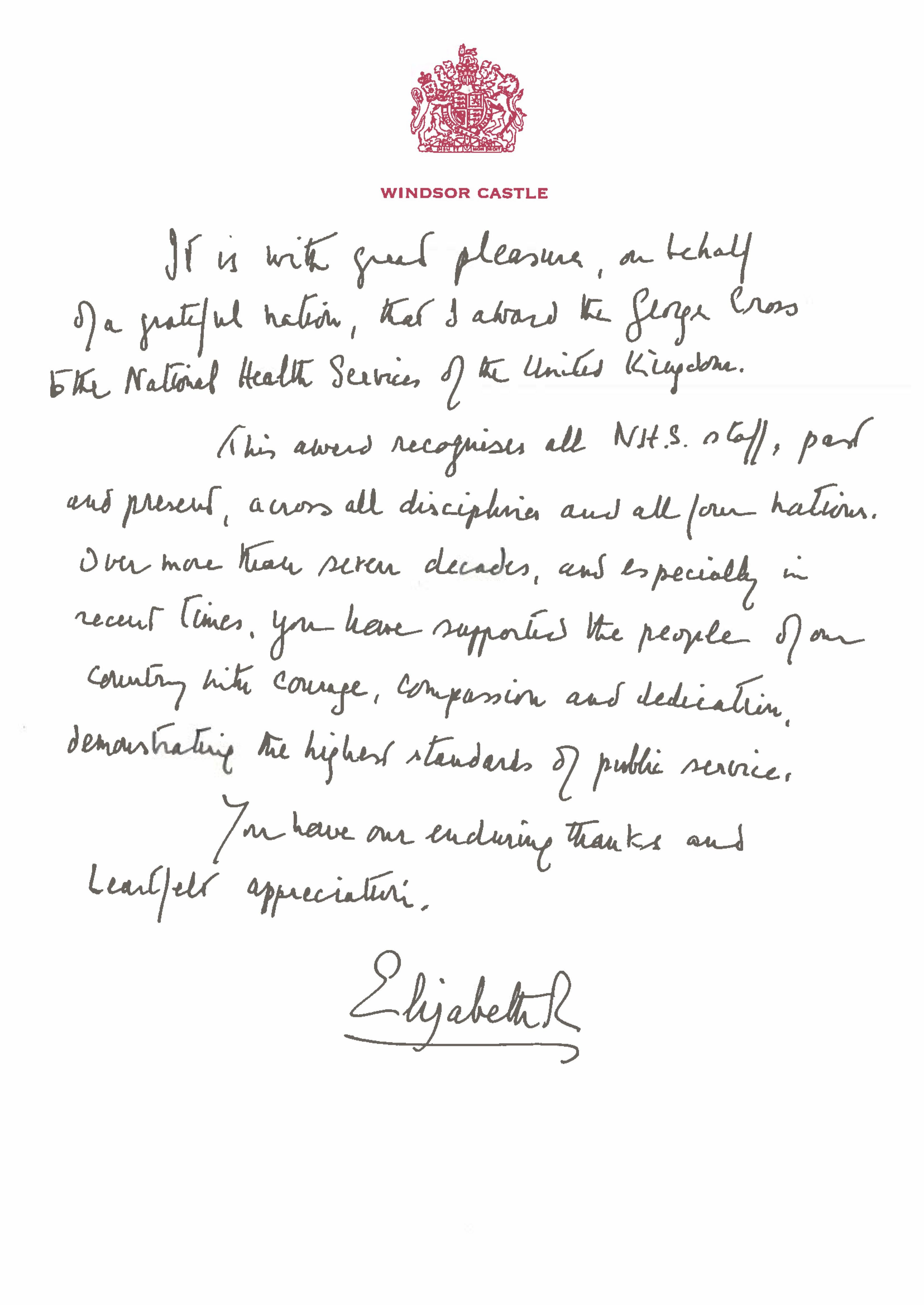 A copy of the handwritten message from Queen Elizabeth II in support of the award of the George Cross to the NHS