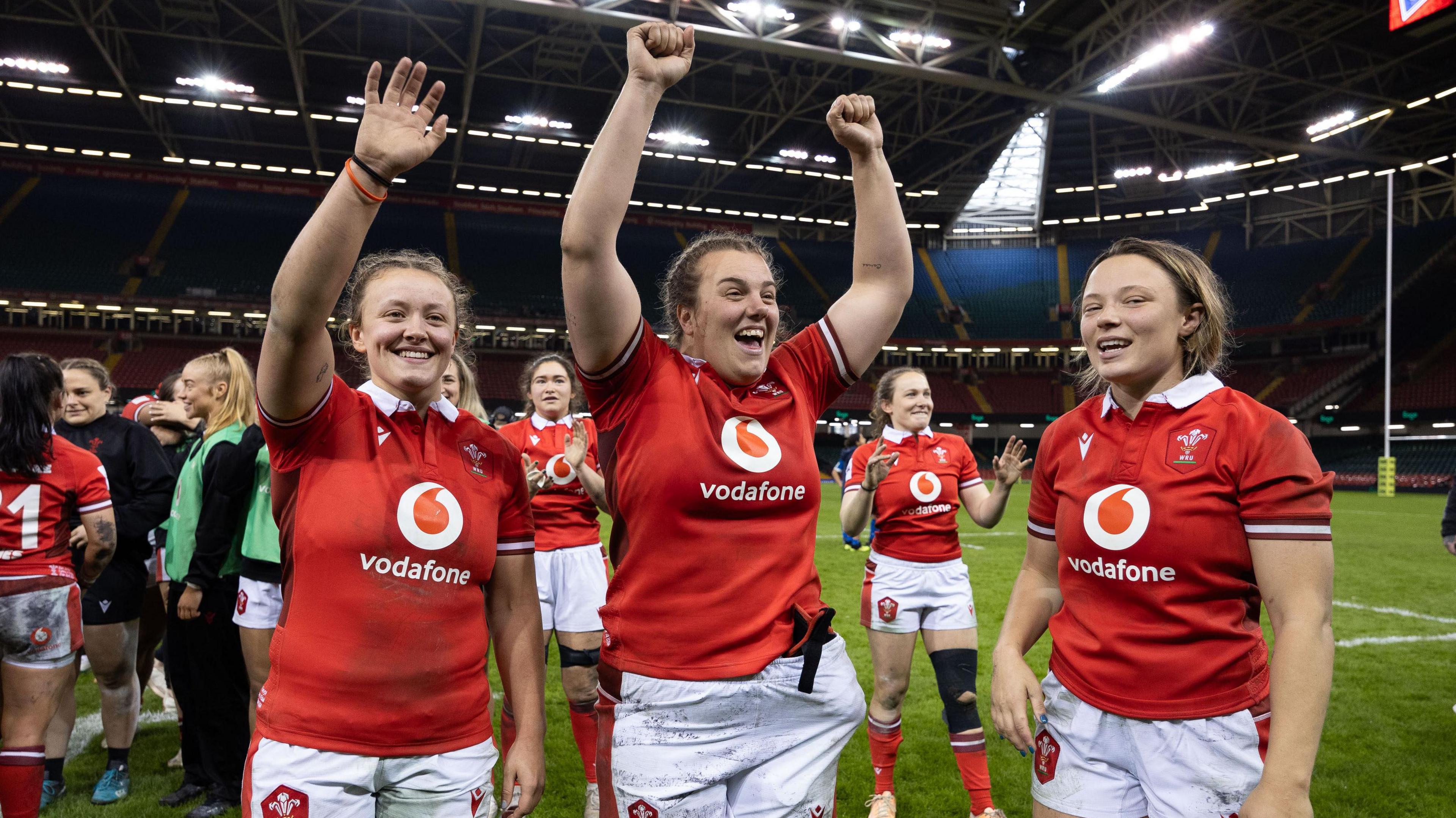 Carys Phillips celebrates beating Italy at the Principality Stadium in 2024