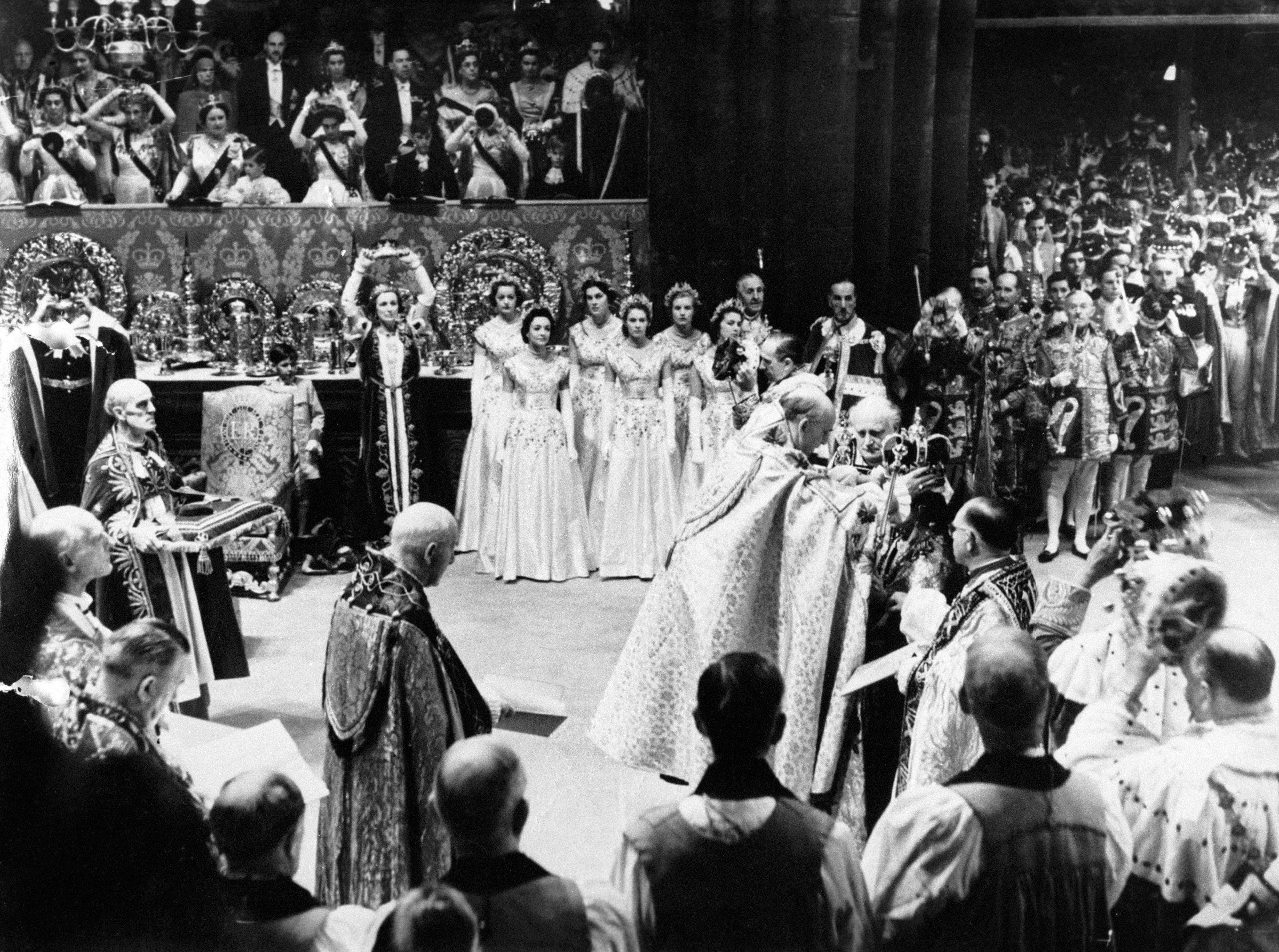 Black and white image of Queen Elizabeth II being crowned