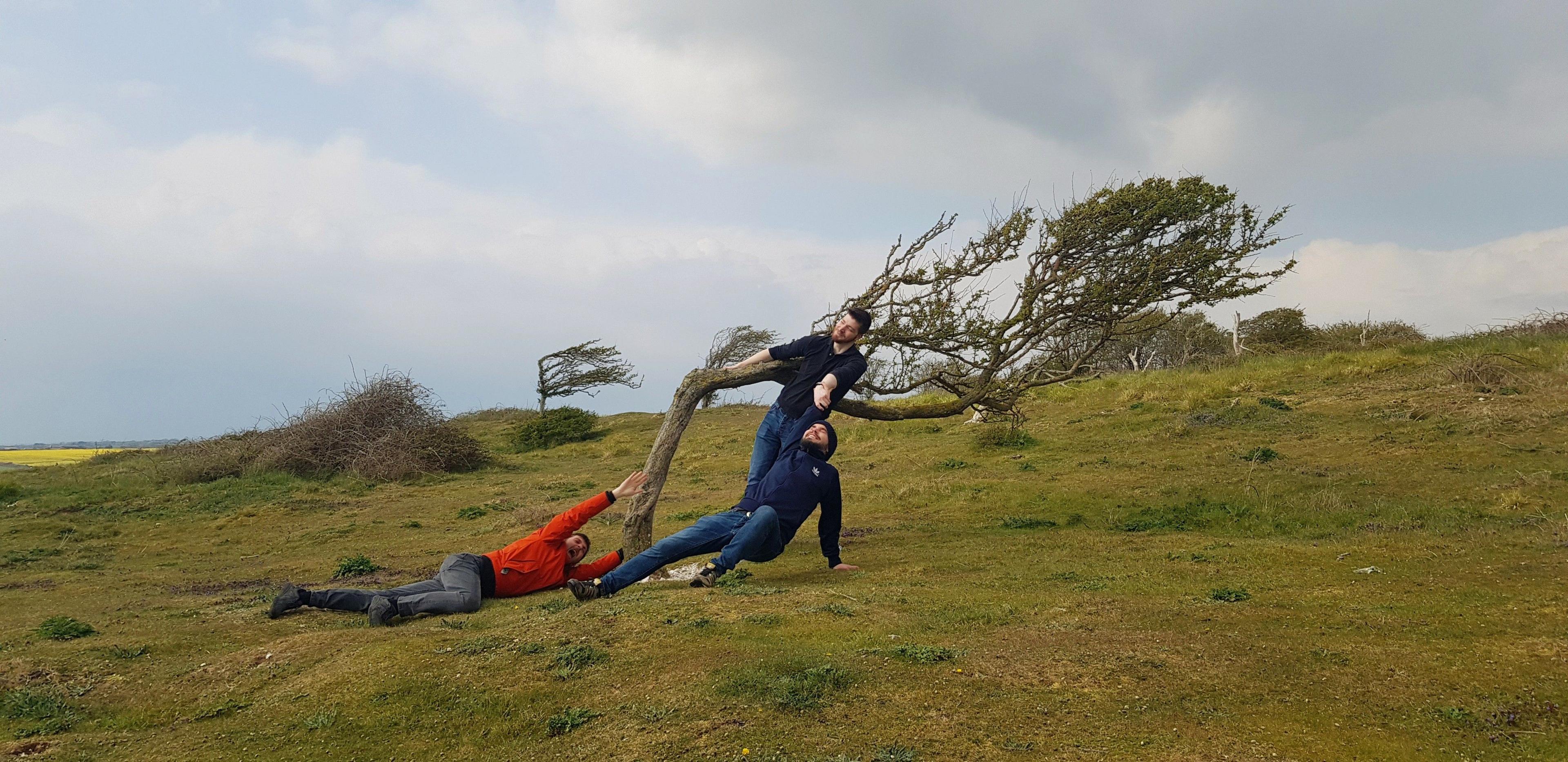 Three people pretend to cling to a tree in high winds in Newhaven Beach