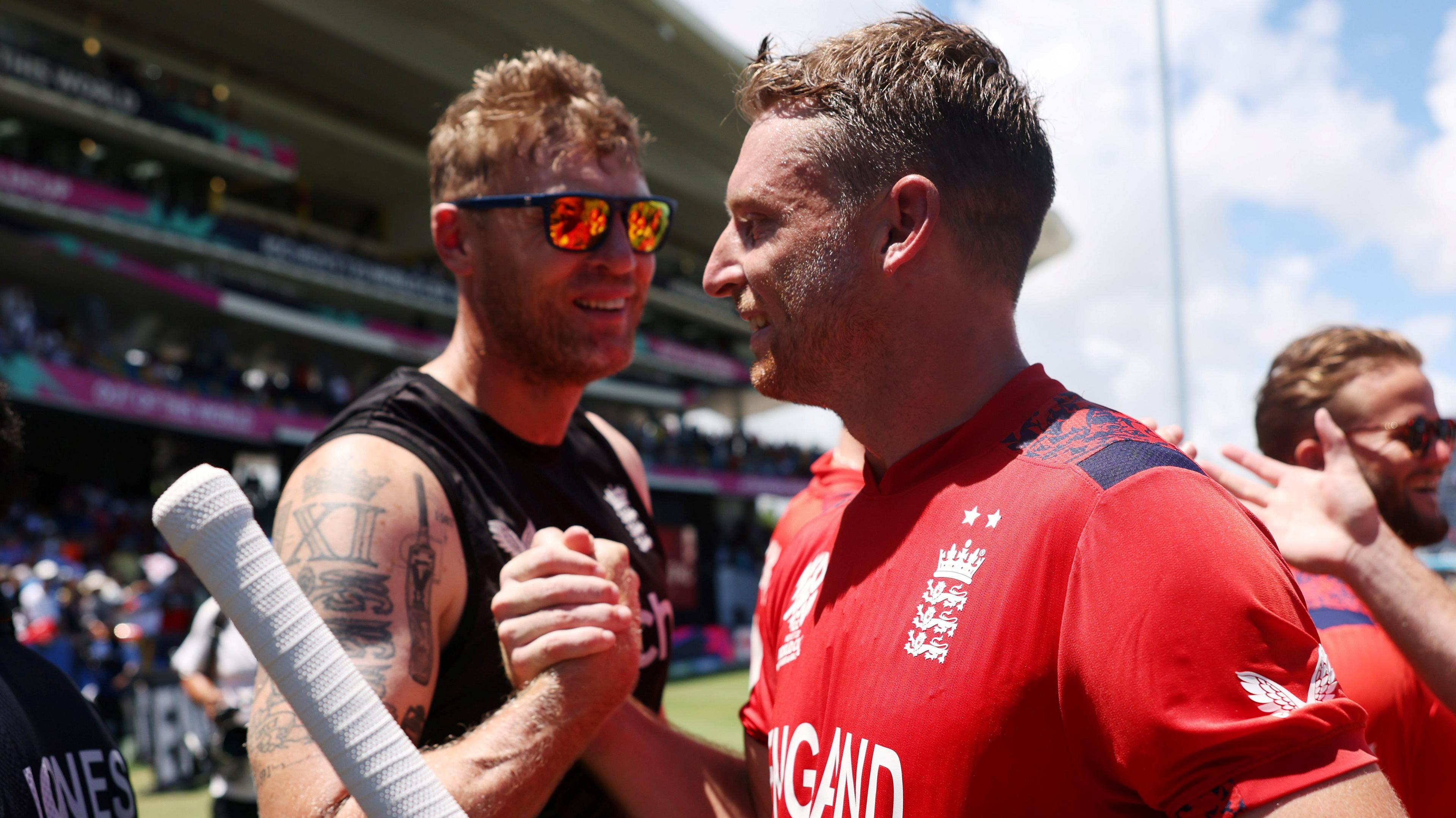 England captain Jos Buttler with Andrew Flintoff after their win over USA at the T20 World Cup