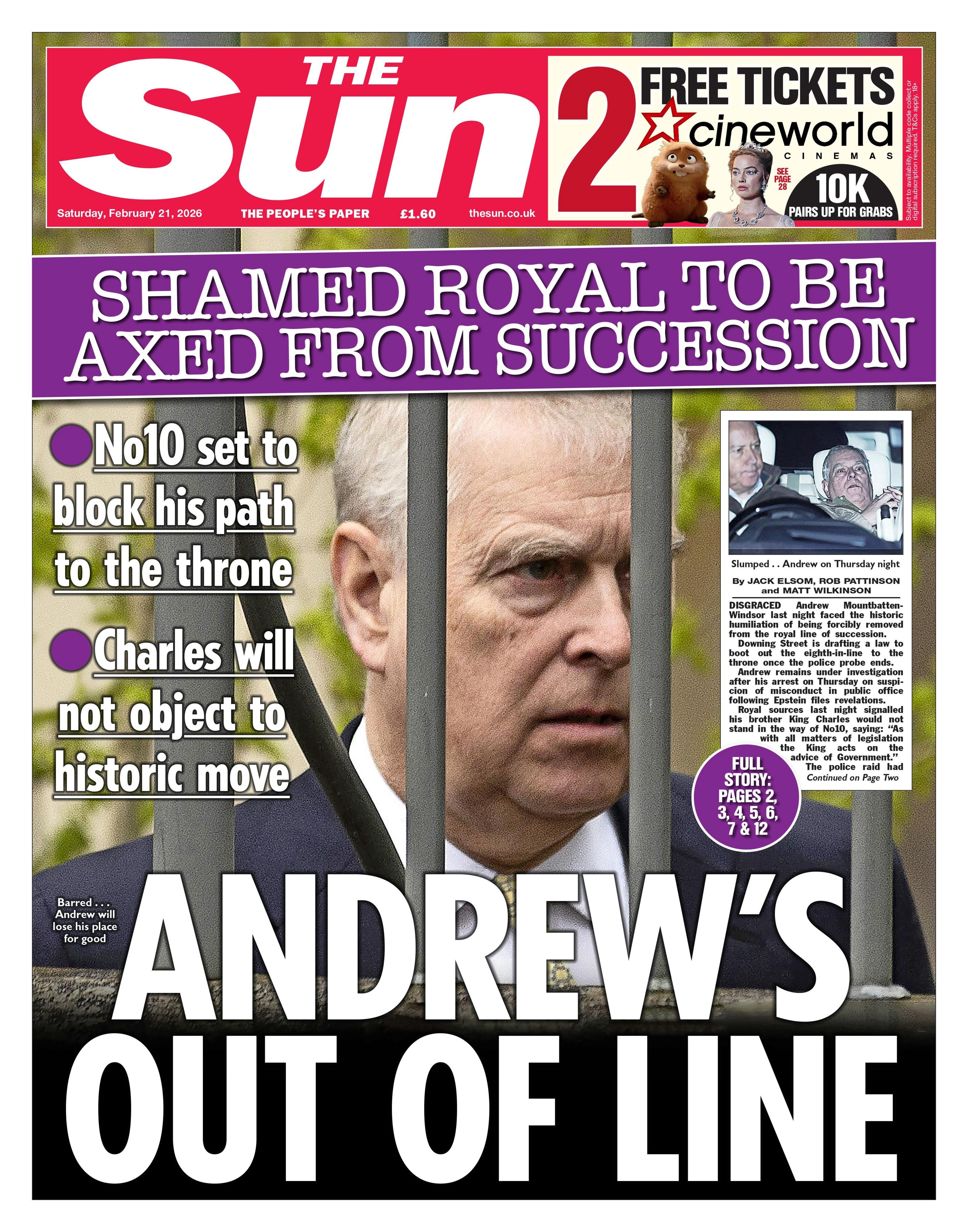 “Andrew është jashtë linje”, shkruhet në titullin kryesor të faqes së parë të gazetës “The Sun”.