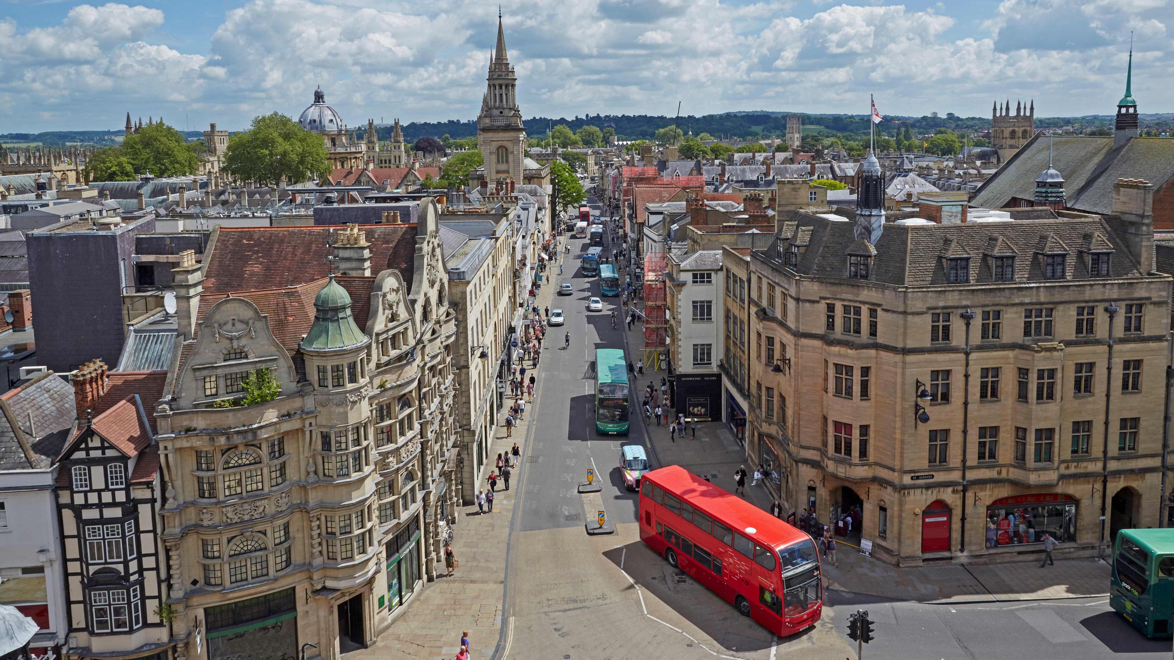 Aerial view of Oxford City Center and the busy roads with buses on.