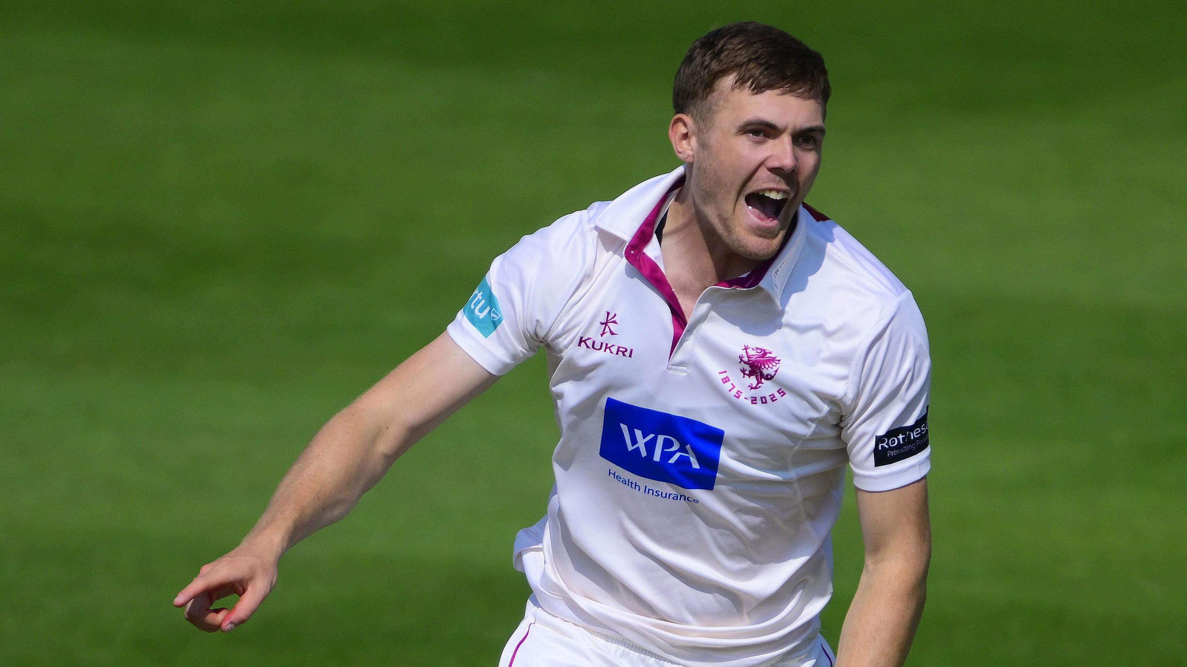 Kasey Aldridge celebrates taking a Championship wicket for Somerset