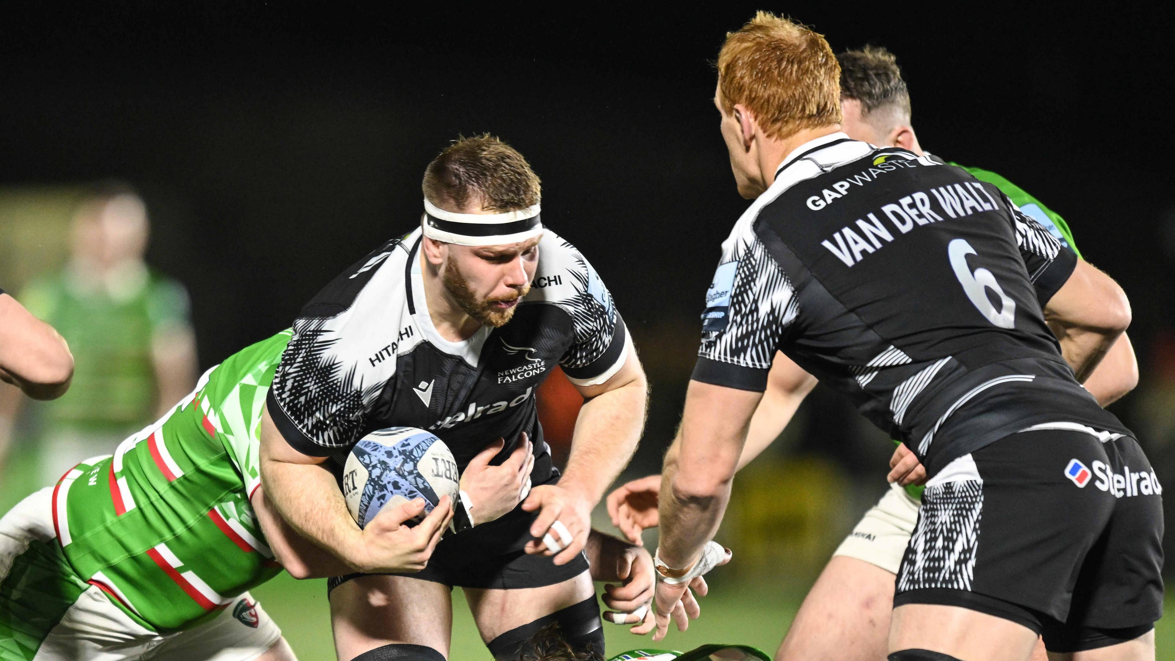 Callum Chick carrying the ball against Leicester Tigers in March 2024