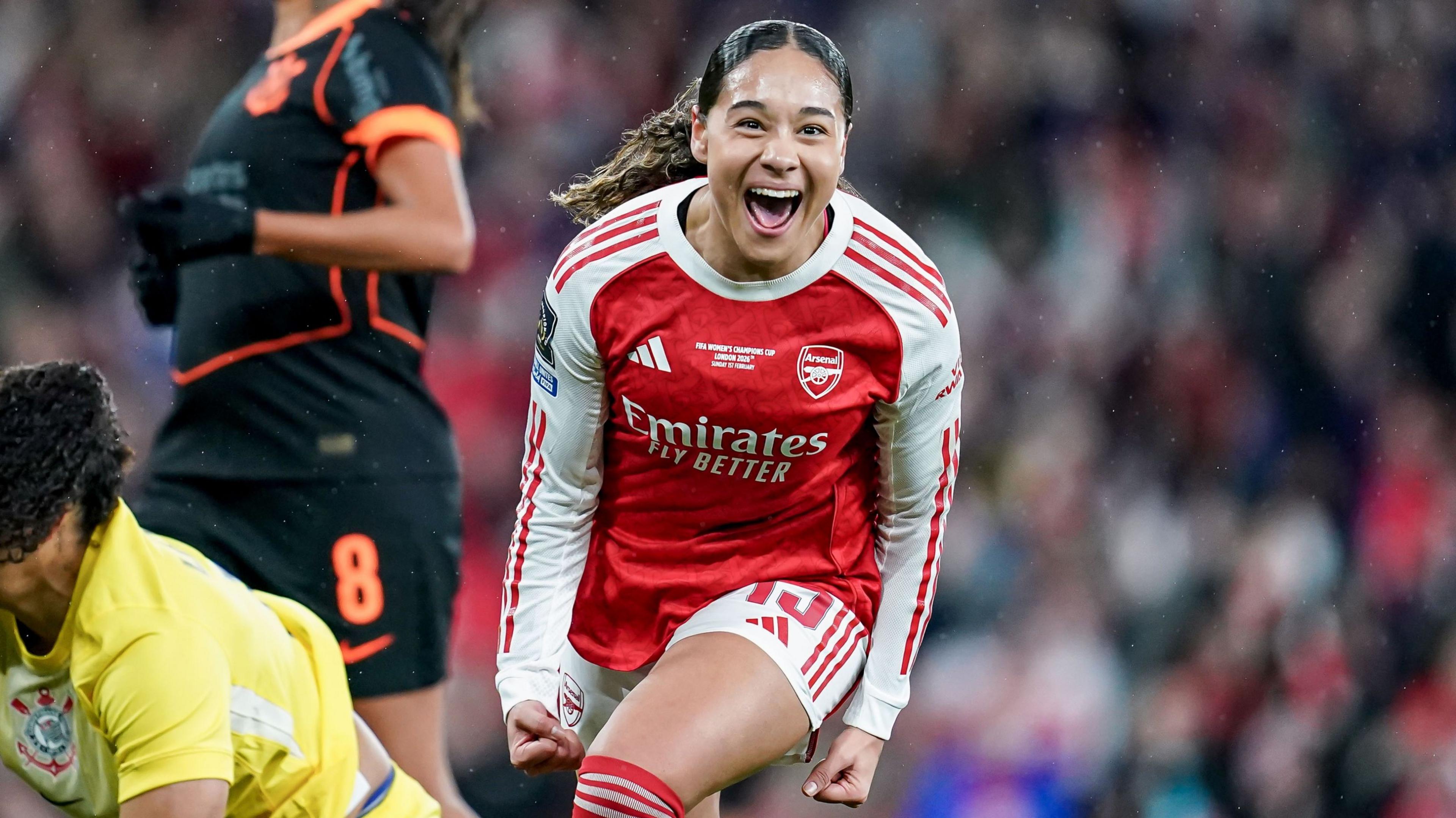 Olivia Smith of Arsenal celebrates the first team's goal during the FIFA Women's Champions Cup 2026 Final match between Arsenal Women FC and SC Corinthians 