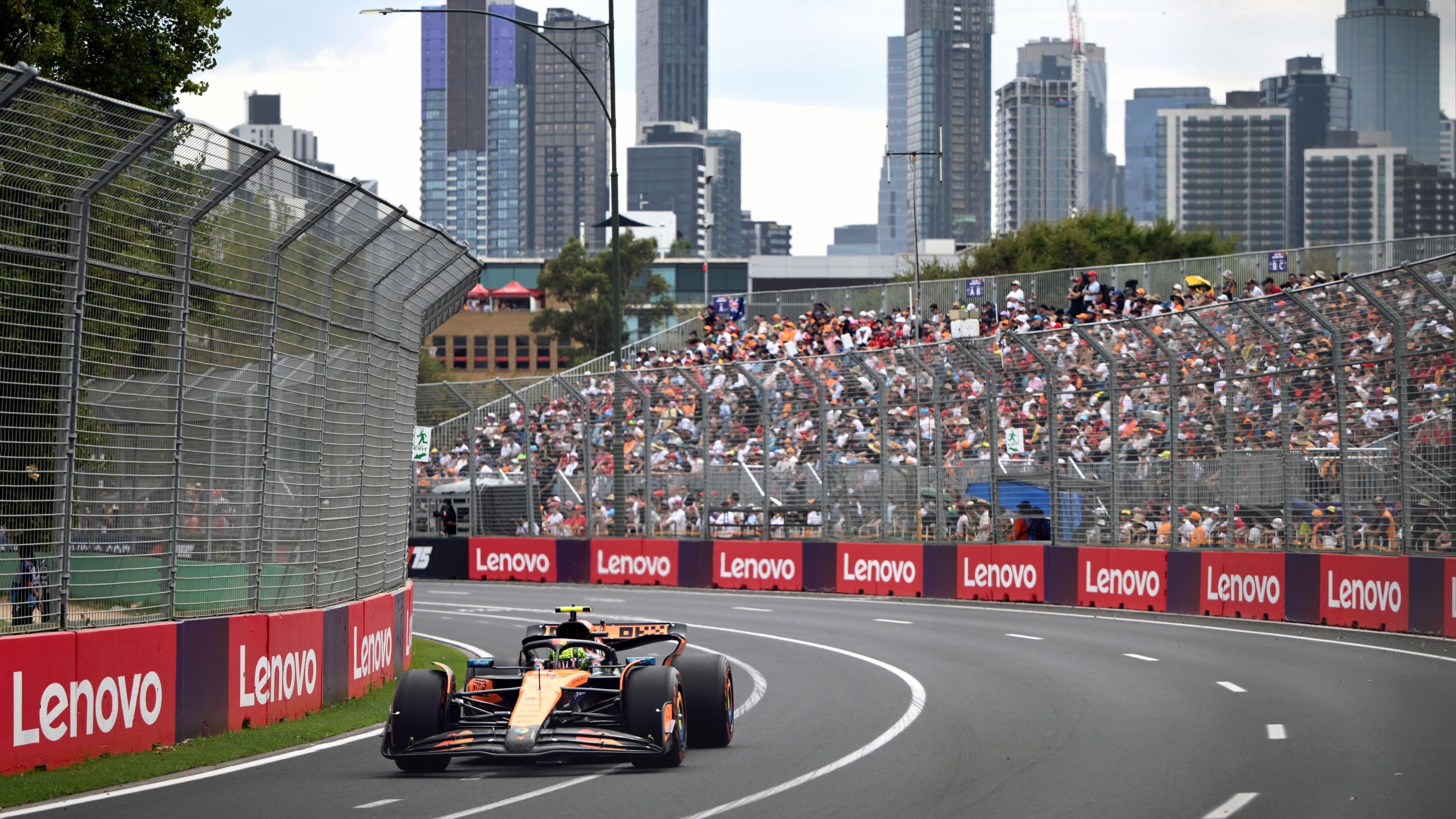 Lando Norris driving his McLaren during practice for the 2025 Australian Grand Prix at the Albert Park circuit in Melbourne