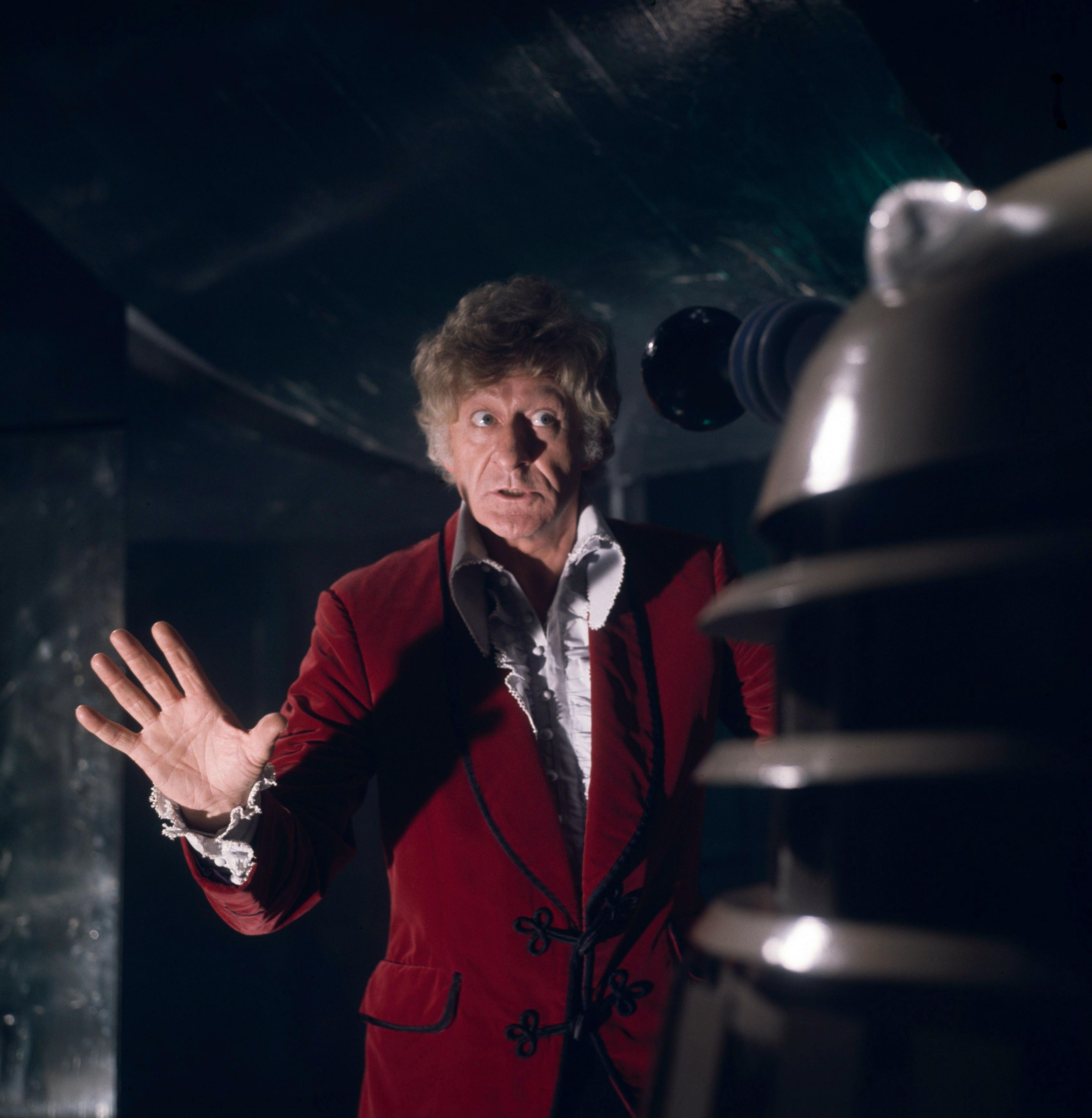 Jon Pertwee (The Third Doctor) confronting a Dalek in the four-part adventure Day of the Daleks (1972)