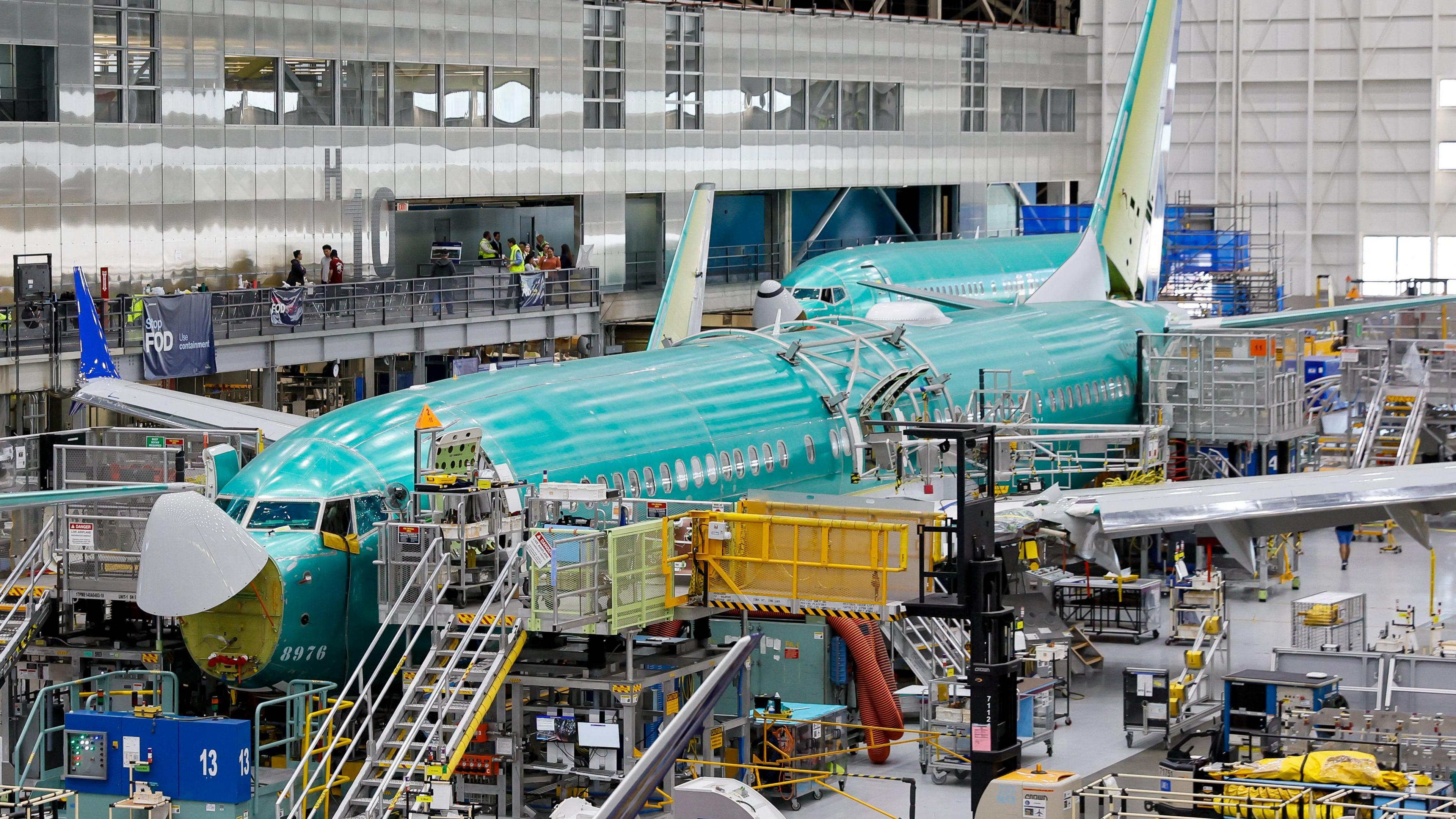 Boeing plane being assembled at factory in Renton, Washington.