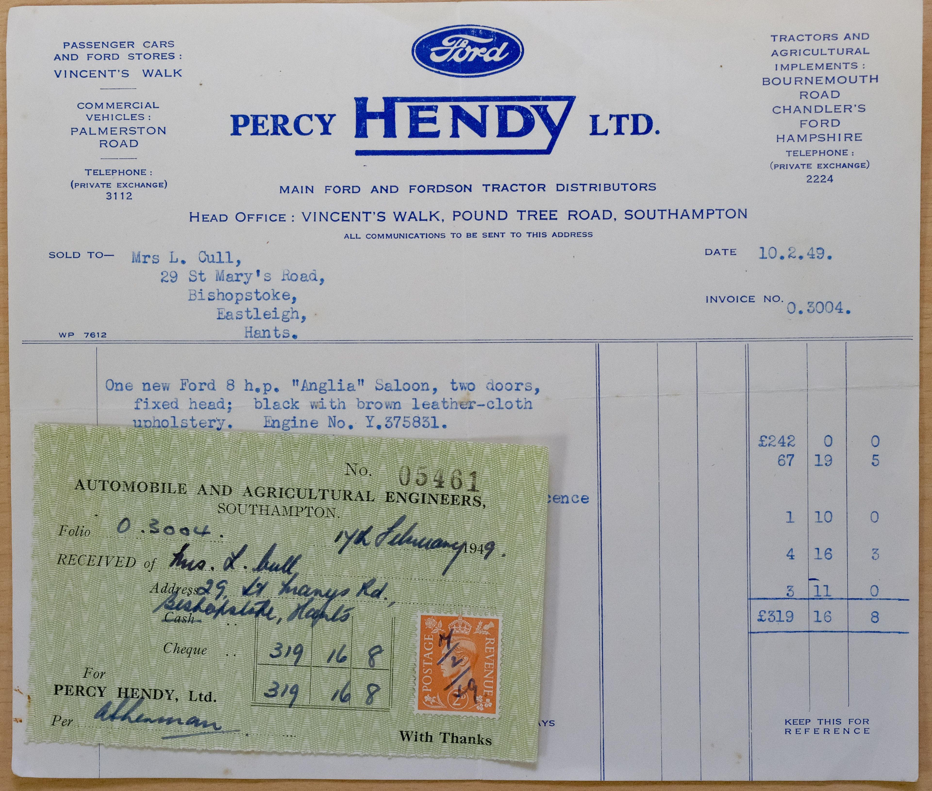 The original 1949 sales invoice shows Ms L. Gull of Eastleigh paid £319, 16 shillings and eight pence.