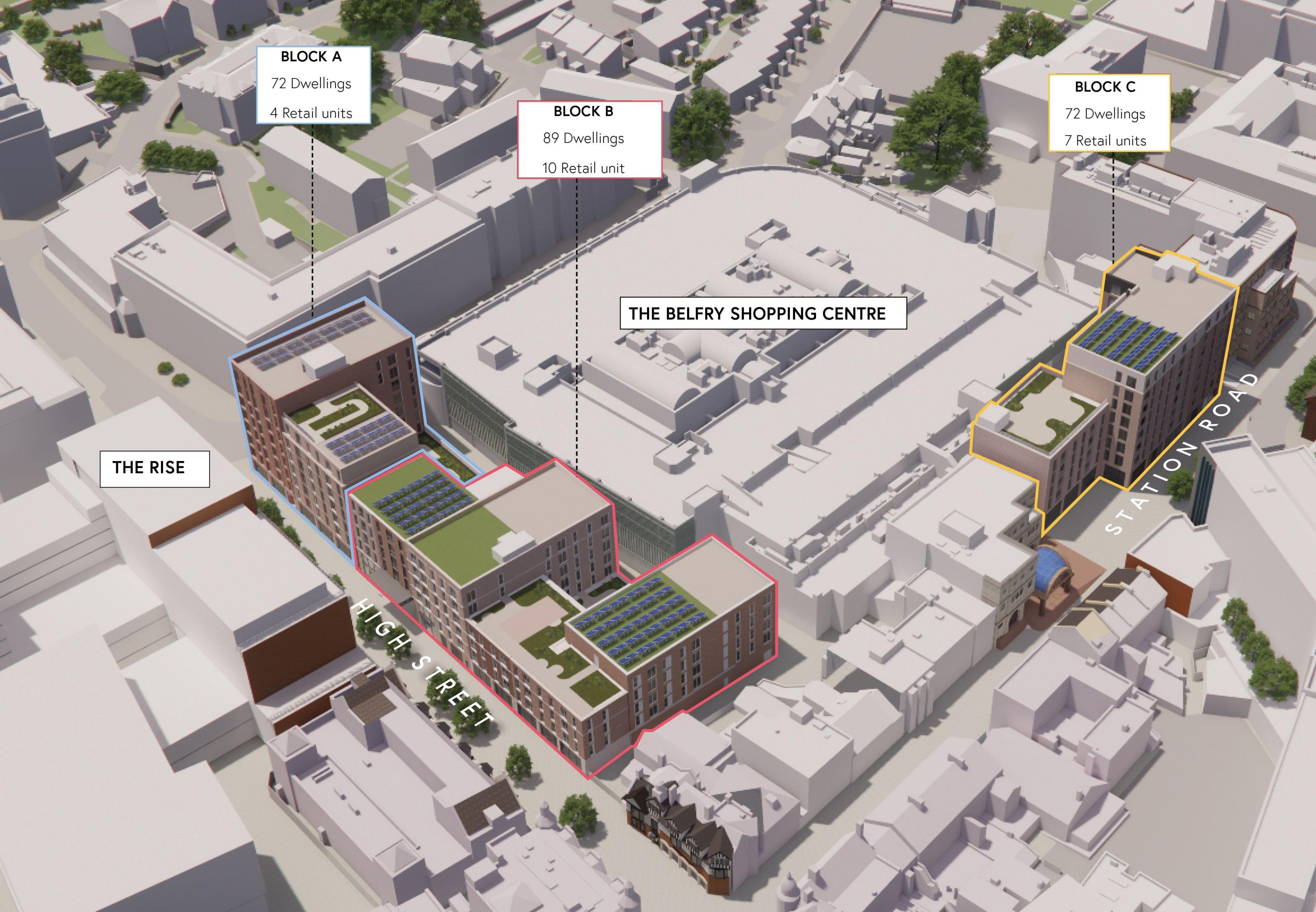 A CGI image of what the Belfry Shopping Centre in Redhill could look like after being redevelopment. The image identifies three blocks - A, B and C - and the number of proposed apartments and retail units for each.