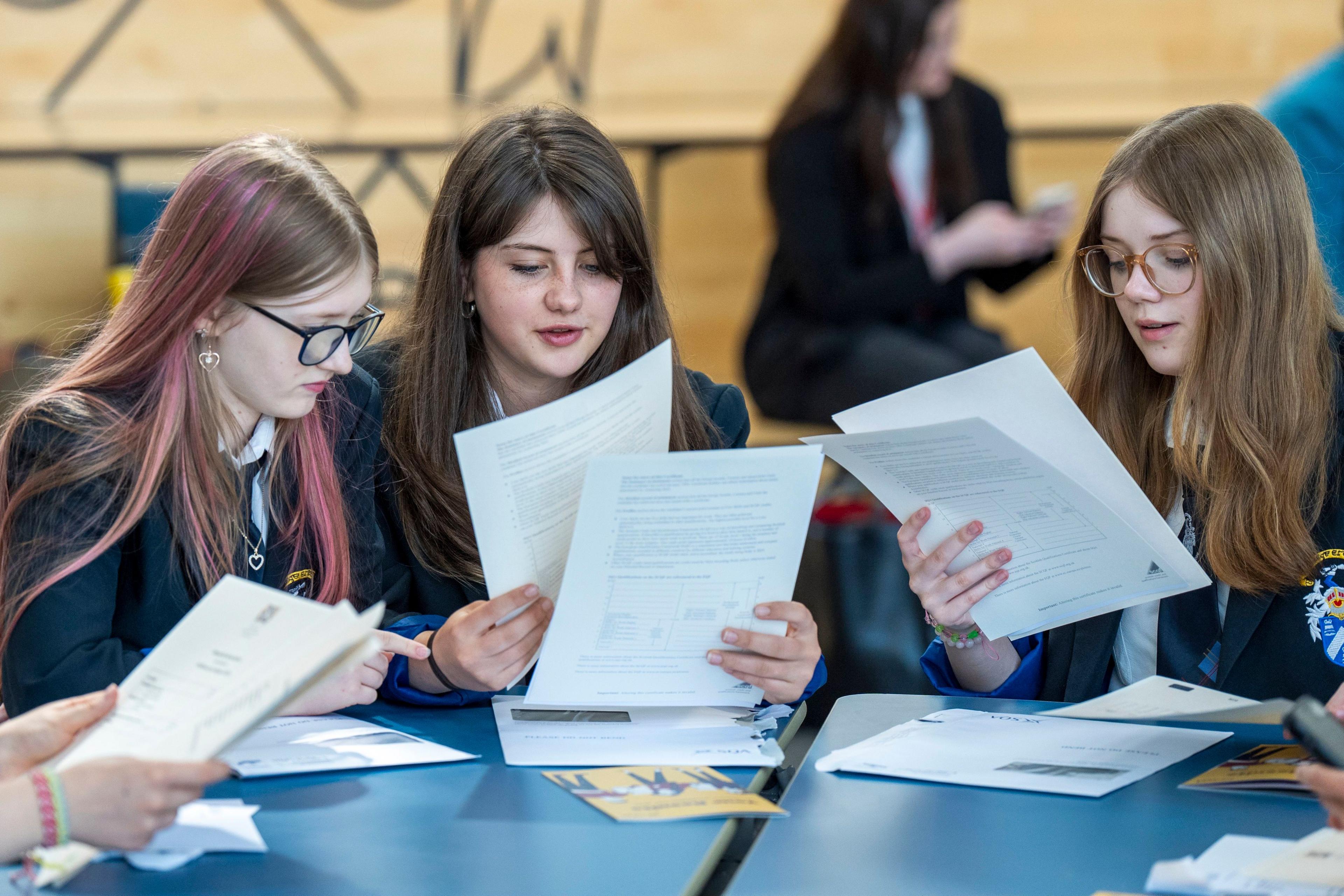 Three uniformed pupils reading results 