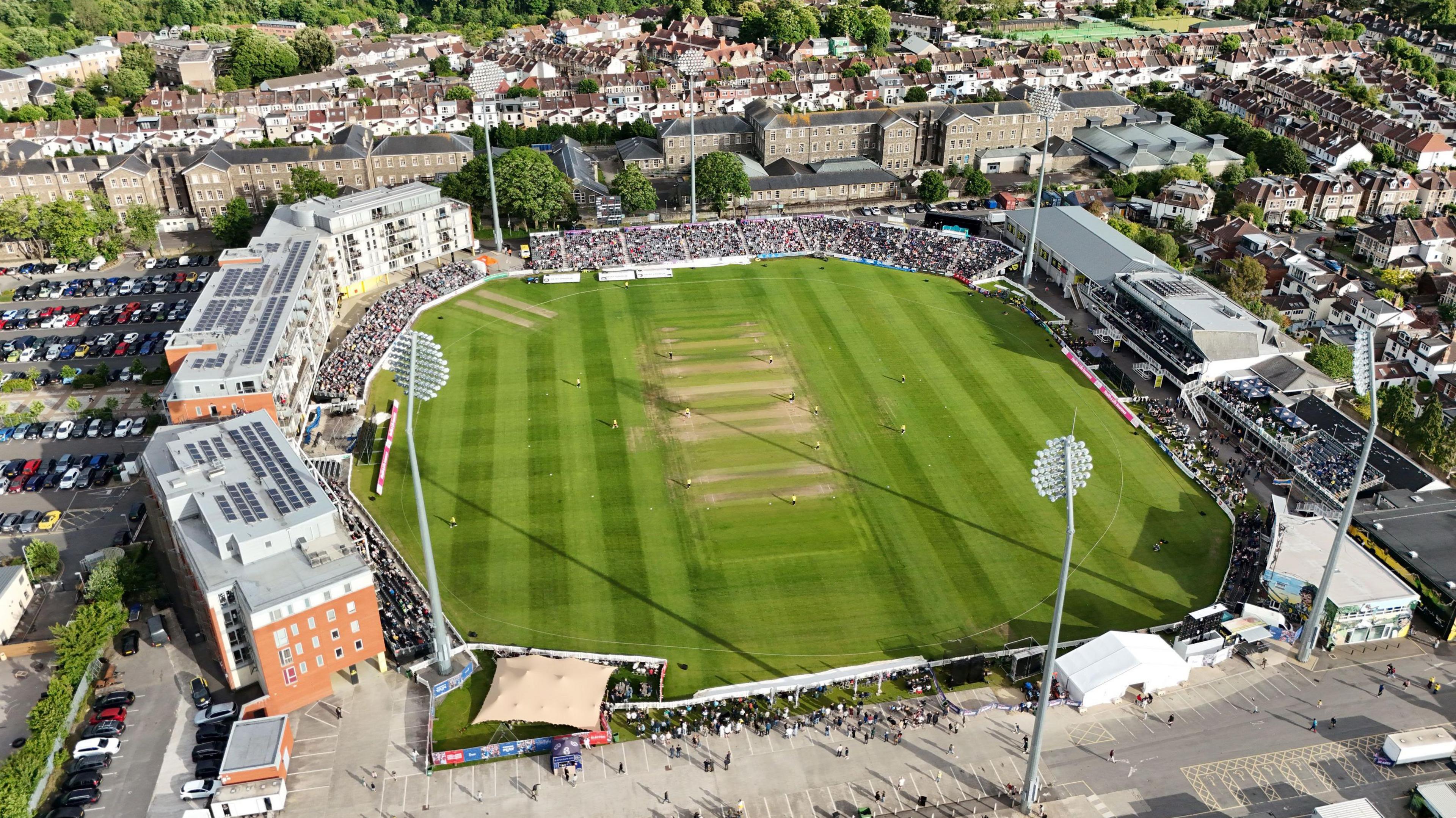 A general aerial view of Gloucestershire's Seat Unique Stadium.