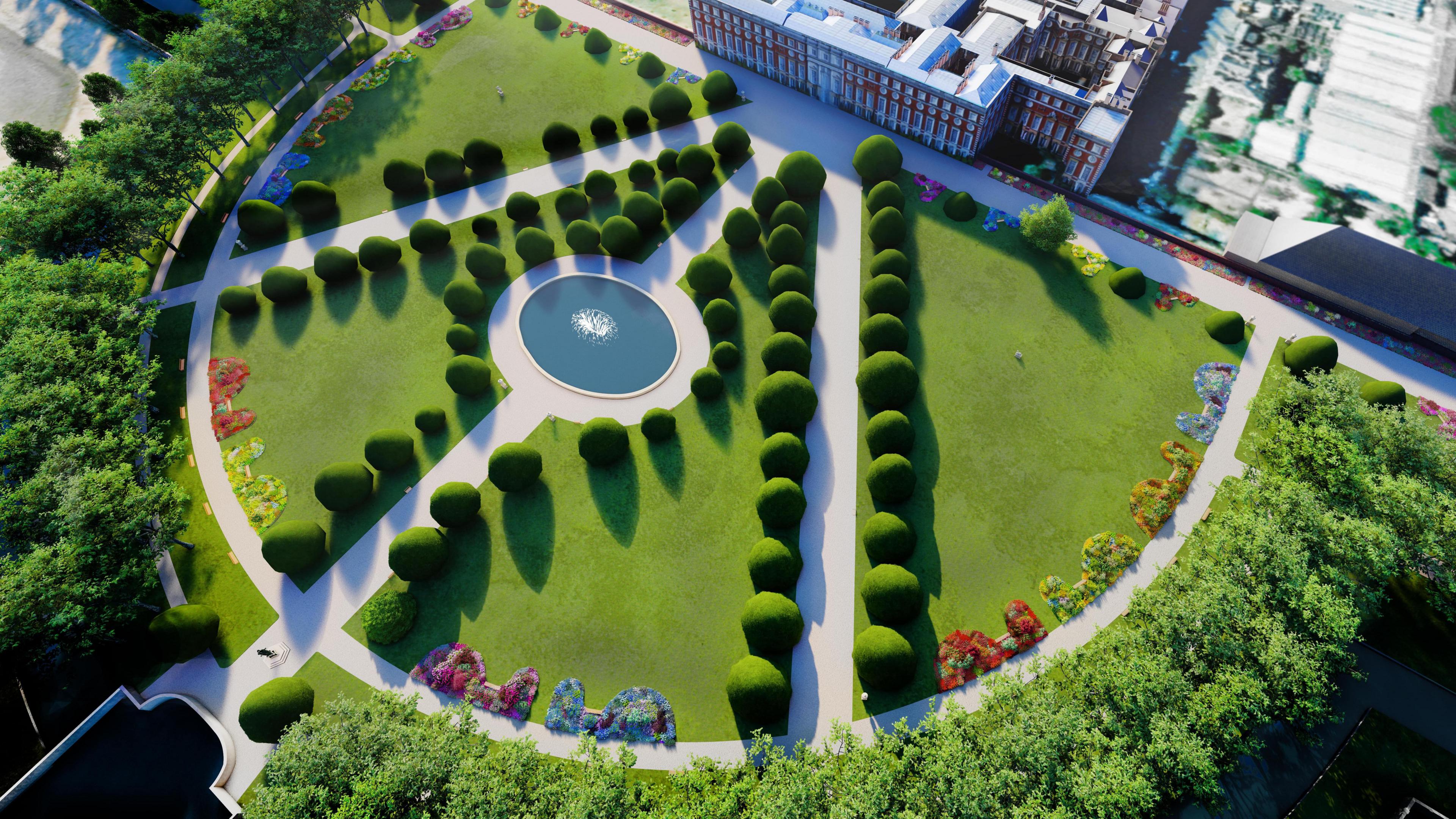 An aerial computer-generated image of the Great Fountain Garden, featuring colourful planting in clusters around a semi-circle shaped lawn.