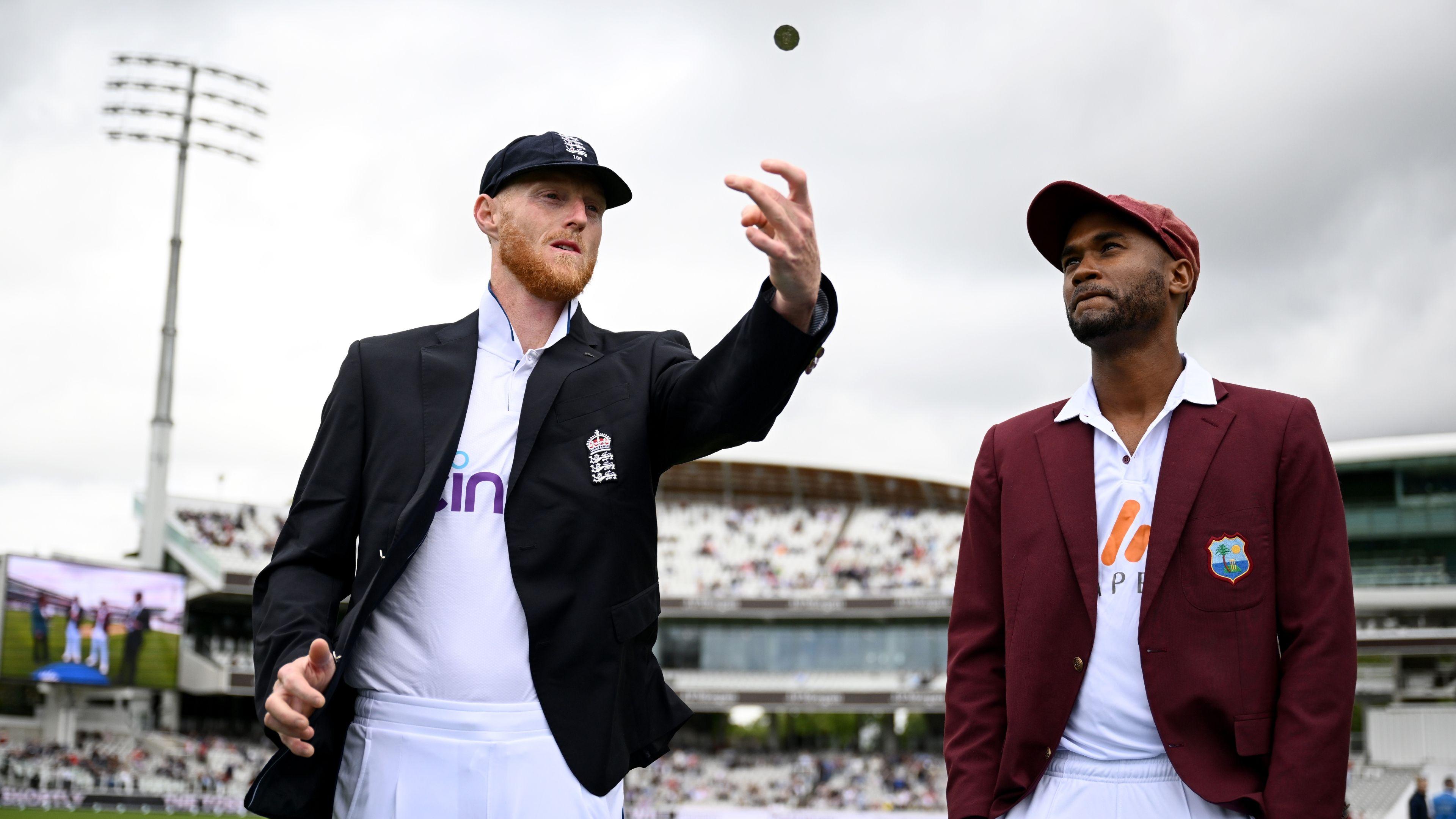 Ben Stokes of England and West Indies' Kraigg Brathwaite at the toss