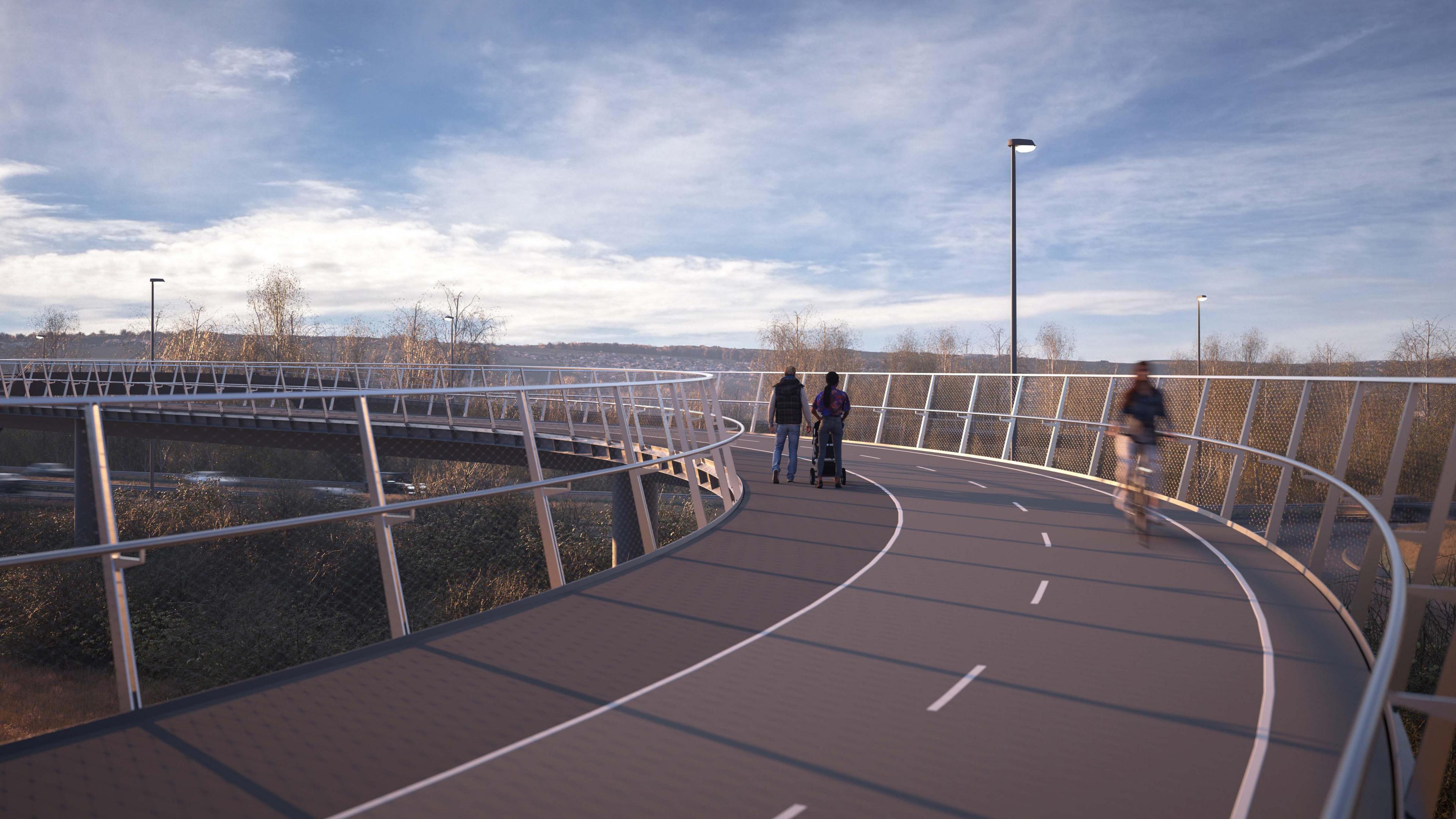 A computer-generated image of a section of bridge with two people walking on it and a cyclist riding in the other direction 