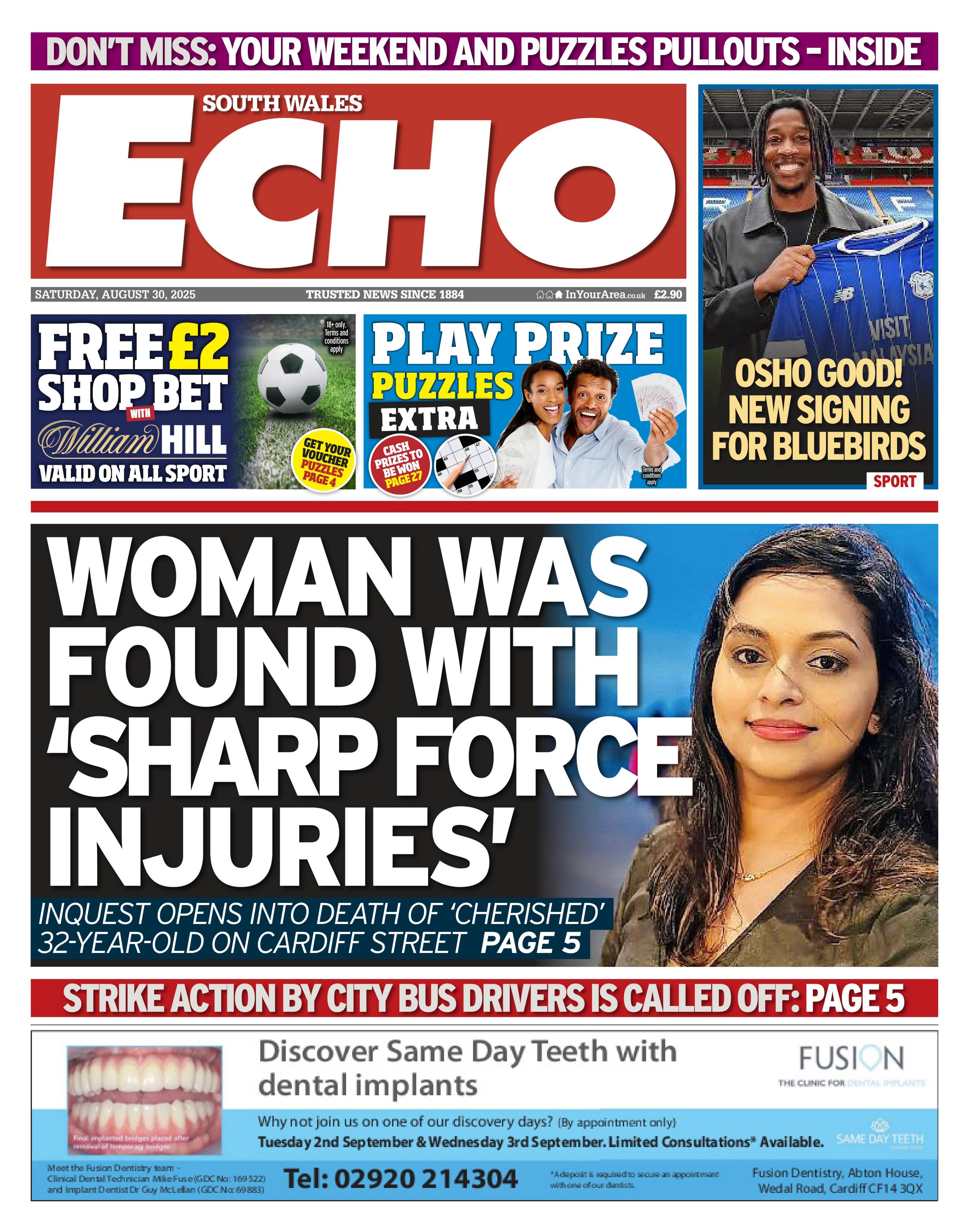 Main headline: Woman was found with 'sharp force injuries'; Inquest opens into death of 'cherished' 32-year-old on Cardiff street.  Next to photo of Niwunhellage Dona Nirodha Kalapni Niwunhella - an Asian woman with dark hair who is wearing red lipstick in the image.