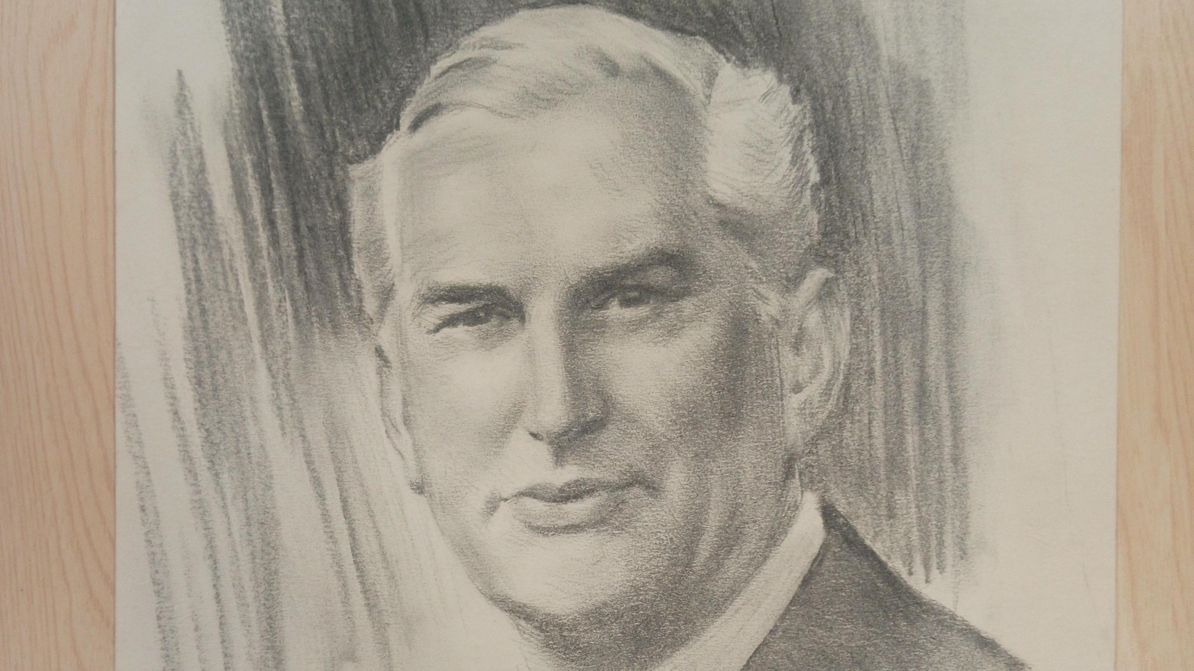 A pencil sketch of a man with smart hair an a collared shirt