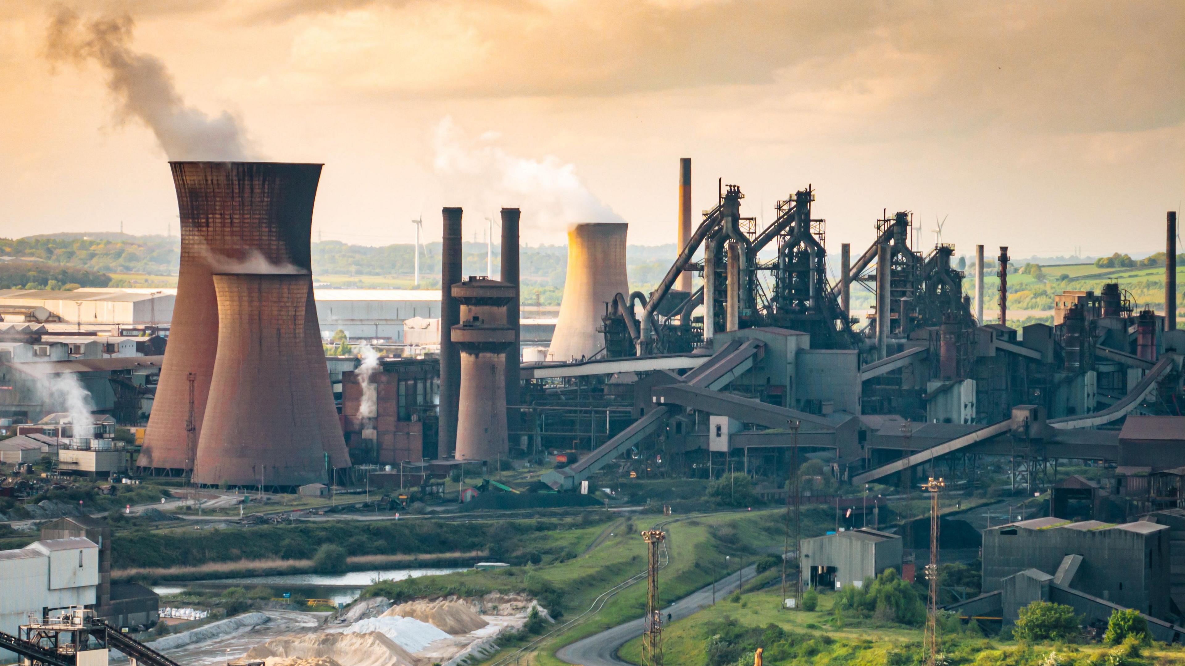 Chimney stacks and other buildings – part of Scunthorpe's steelworks – dominate the town's skyline.