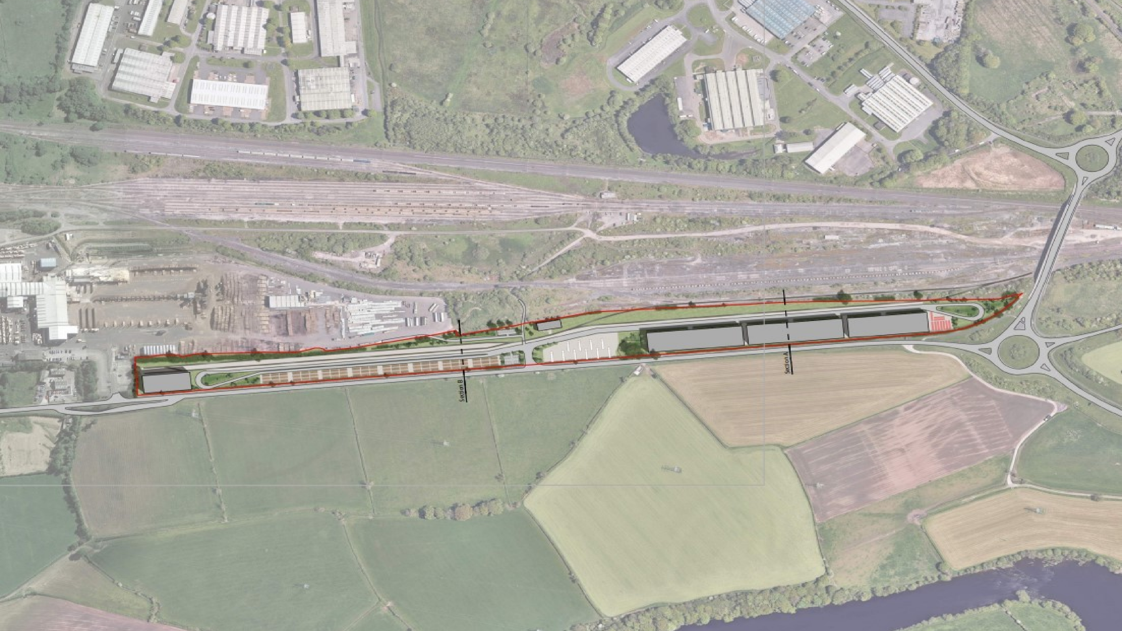 A blueprint shows the plans for the new railhead in Cargo. It is a long rectangular shape which runs beside rail tracks and a main road.