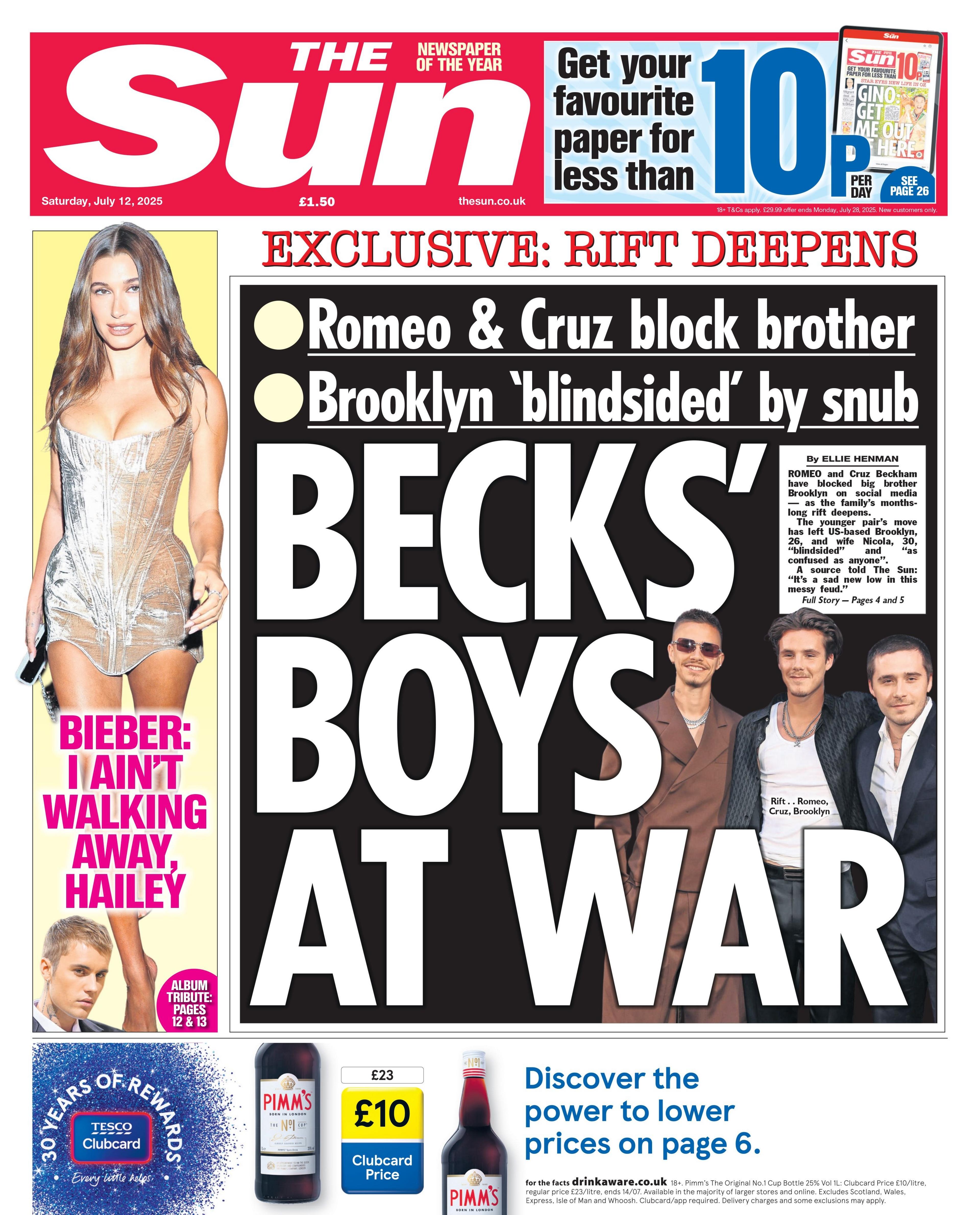 The headline on the front page of the Sun reads: "Becks' boys at war".