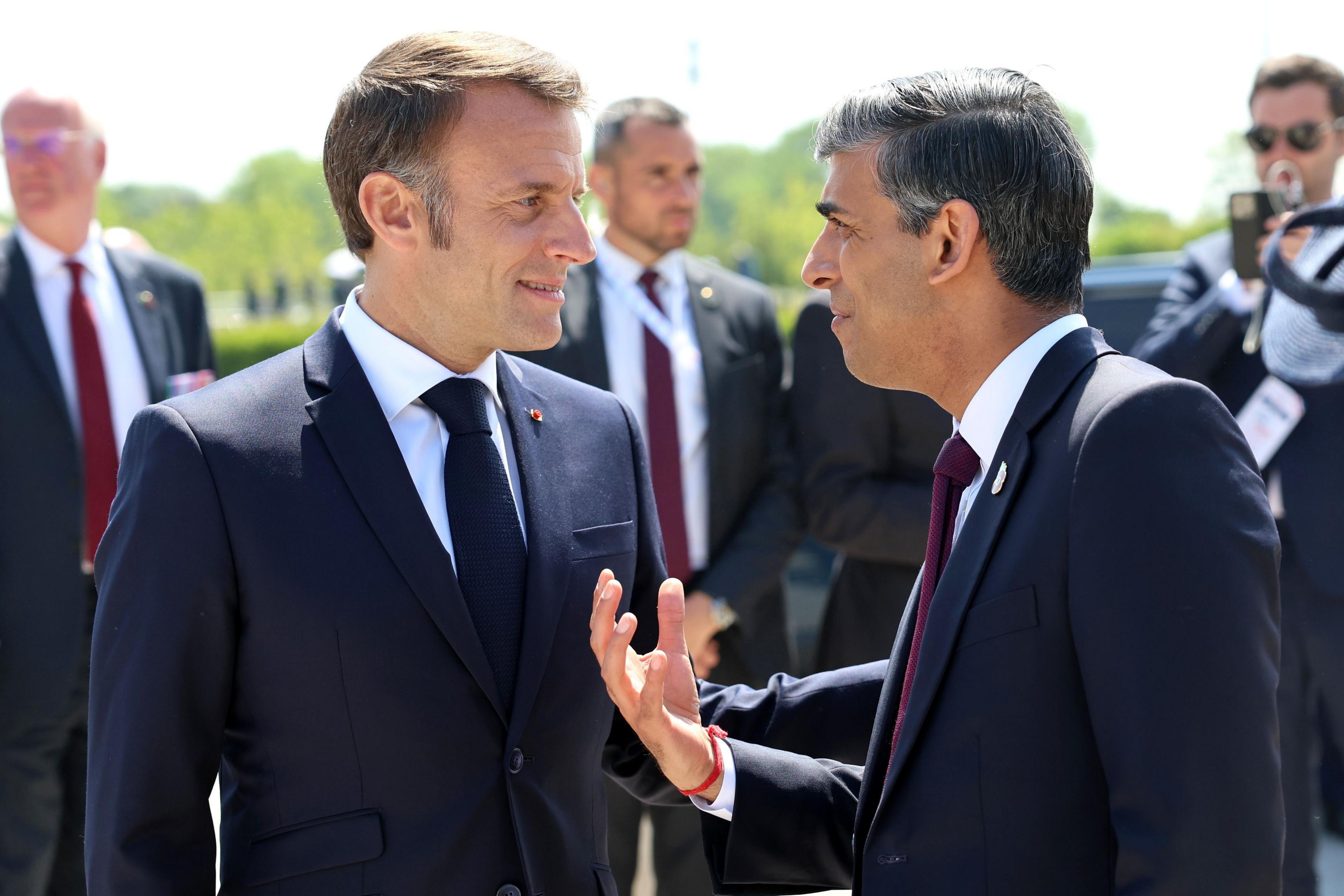 Prime Minister Rishi Sunak with President of France, Emmanuel Macron following the UK national commemorative event for the 80th anniversary of D-Day, in Ver-sur-Mer, Normandy, France.