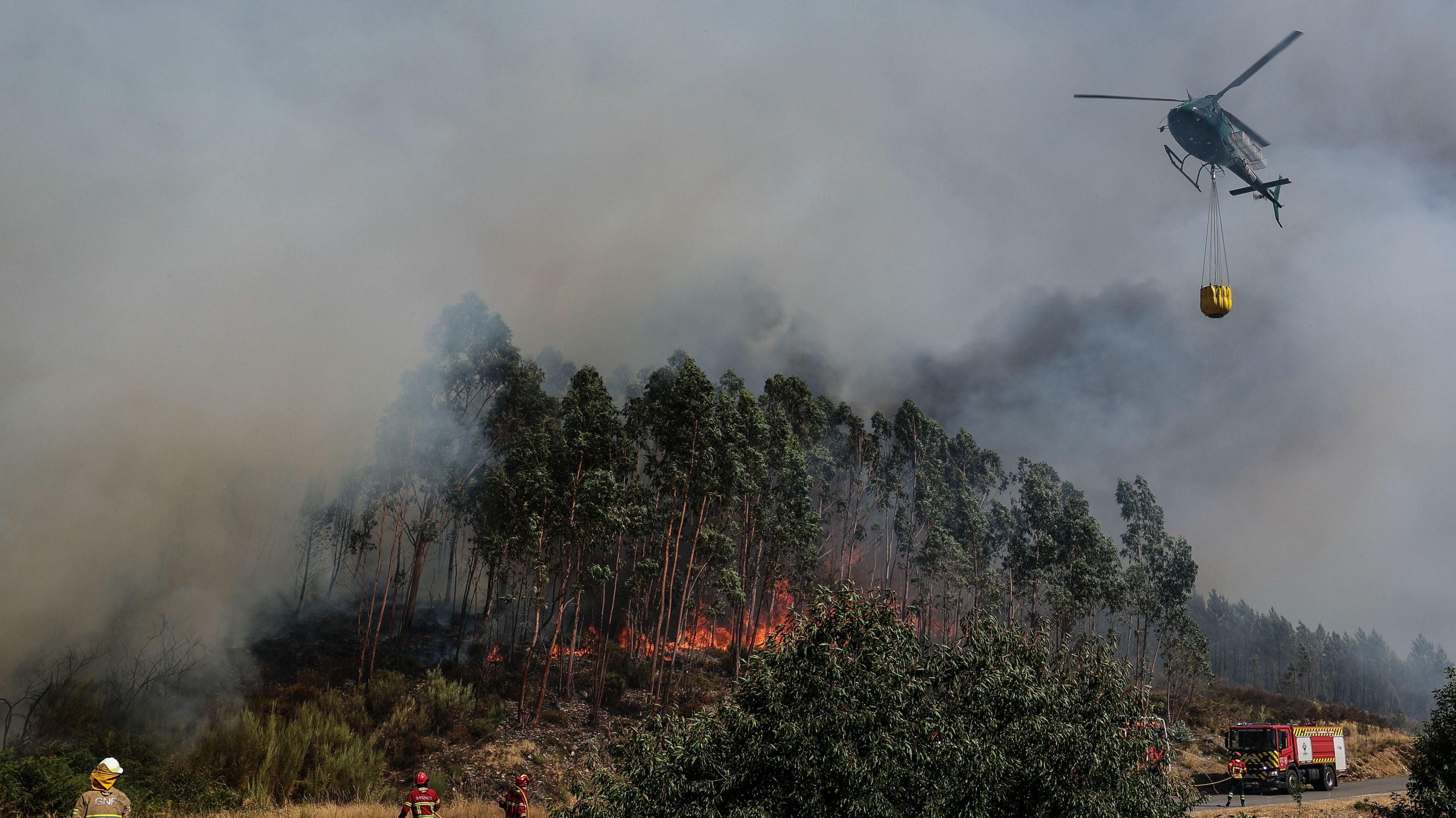 A helicopter drops water on the forest fire at Malhada do Rei, Pampilhosa da Serra, Portugal, 18 August 2025.