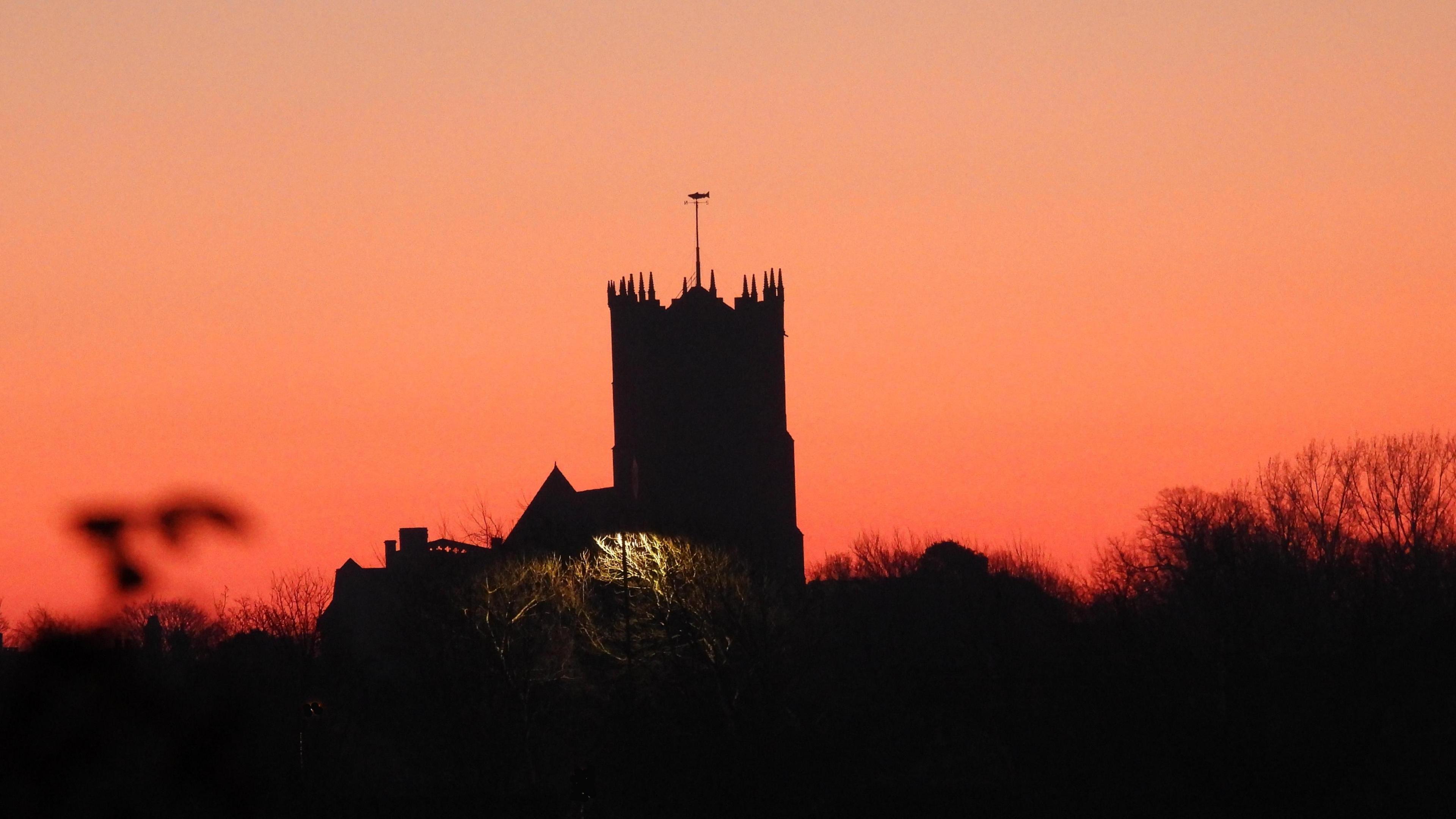 The silhouette of Christchurch Priory against a deep red sky at sunset. In the foreground grass and trees are also in sillhouette. The priory has a large tower with a weather vane.