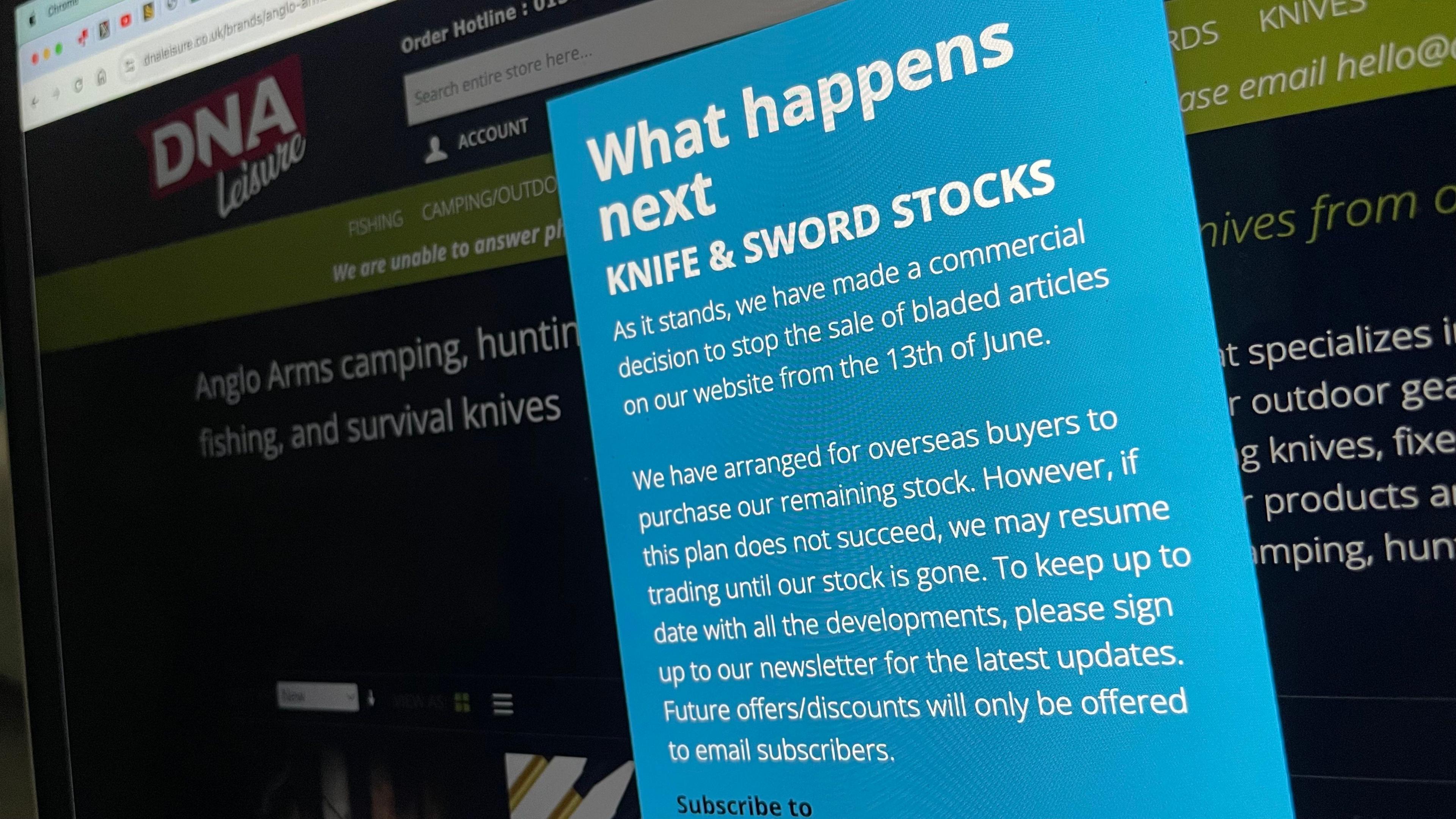 A notice on DNA Leisure's website saying it is stopping selling knives