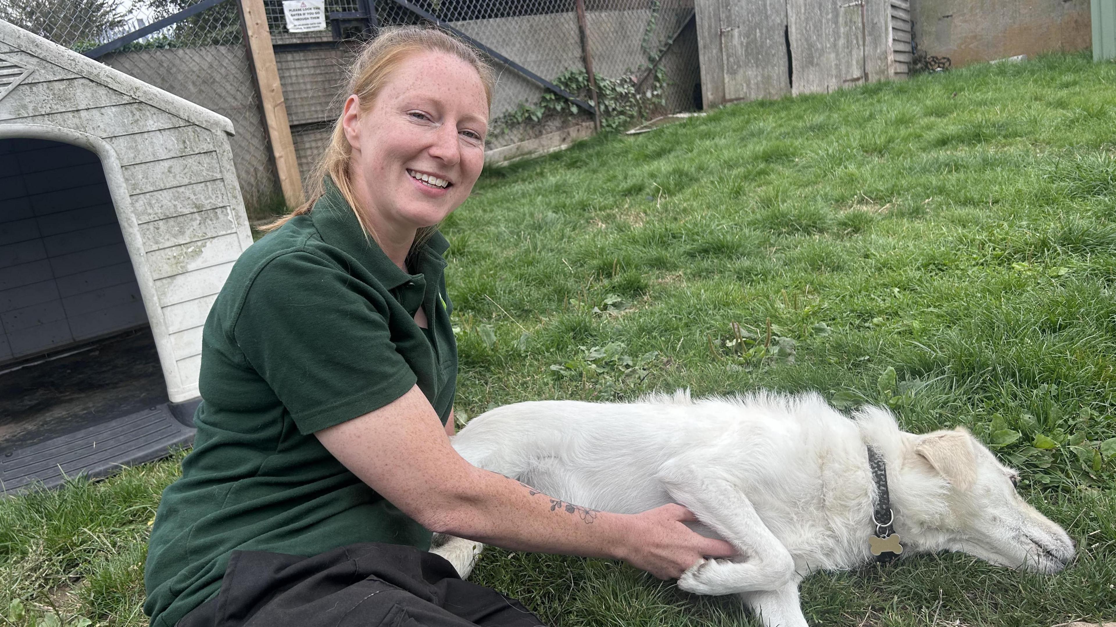 Kennel manager Maria Hollis playing with a white dog in its grassed enclosure. She is wearing a green uniform and the dog lies on its side