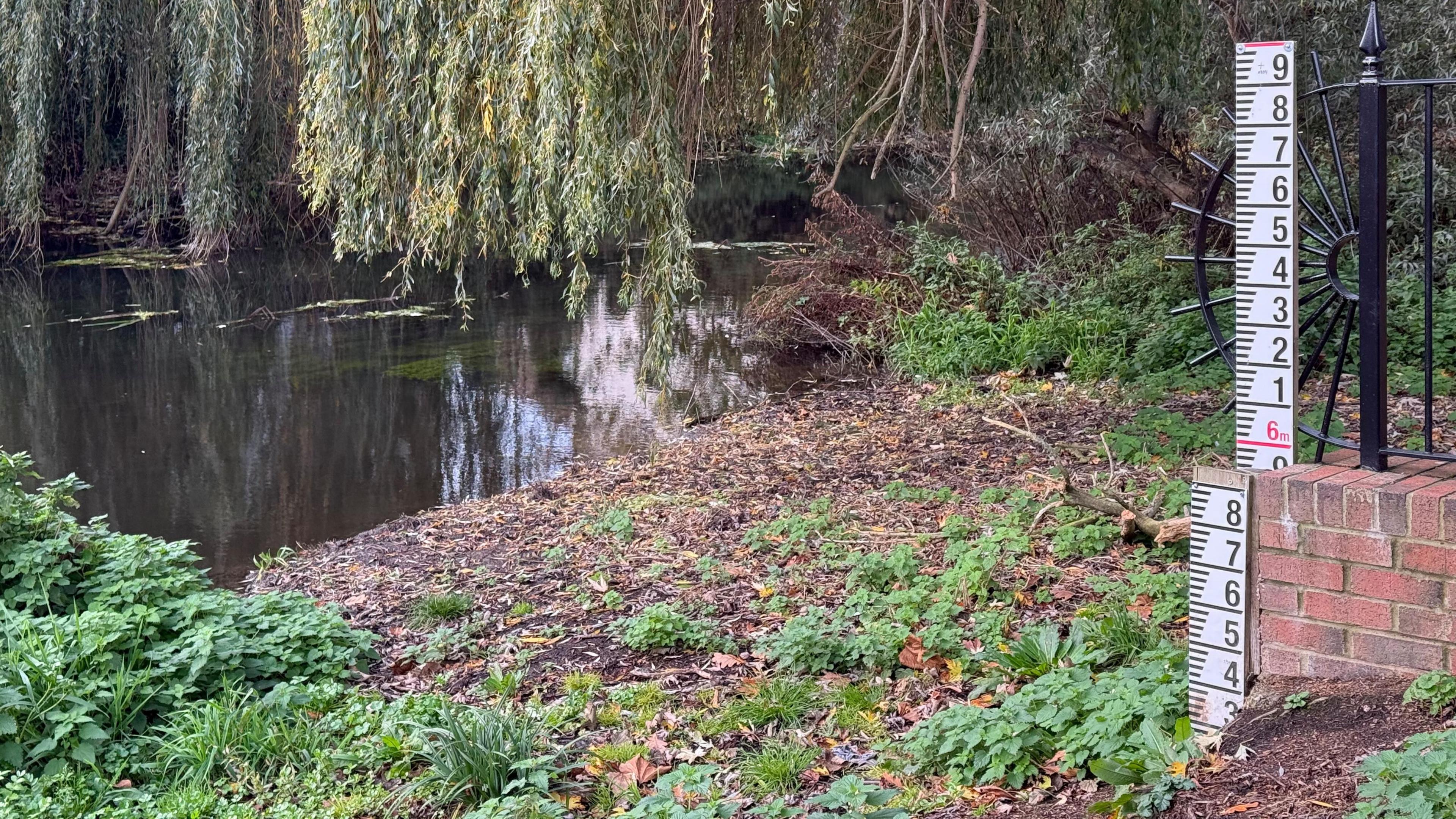 A river with low water levels. A measuring stick is at the side of the river bed.
