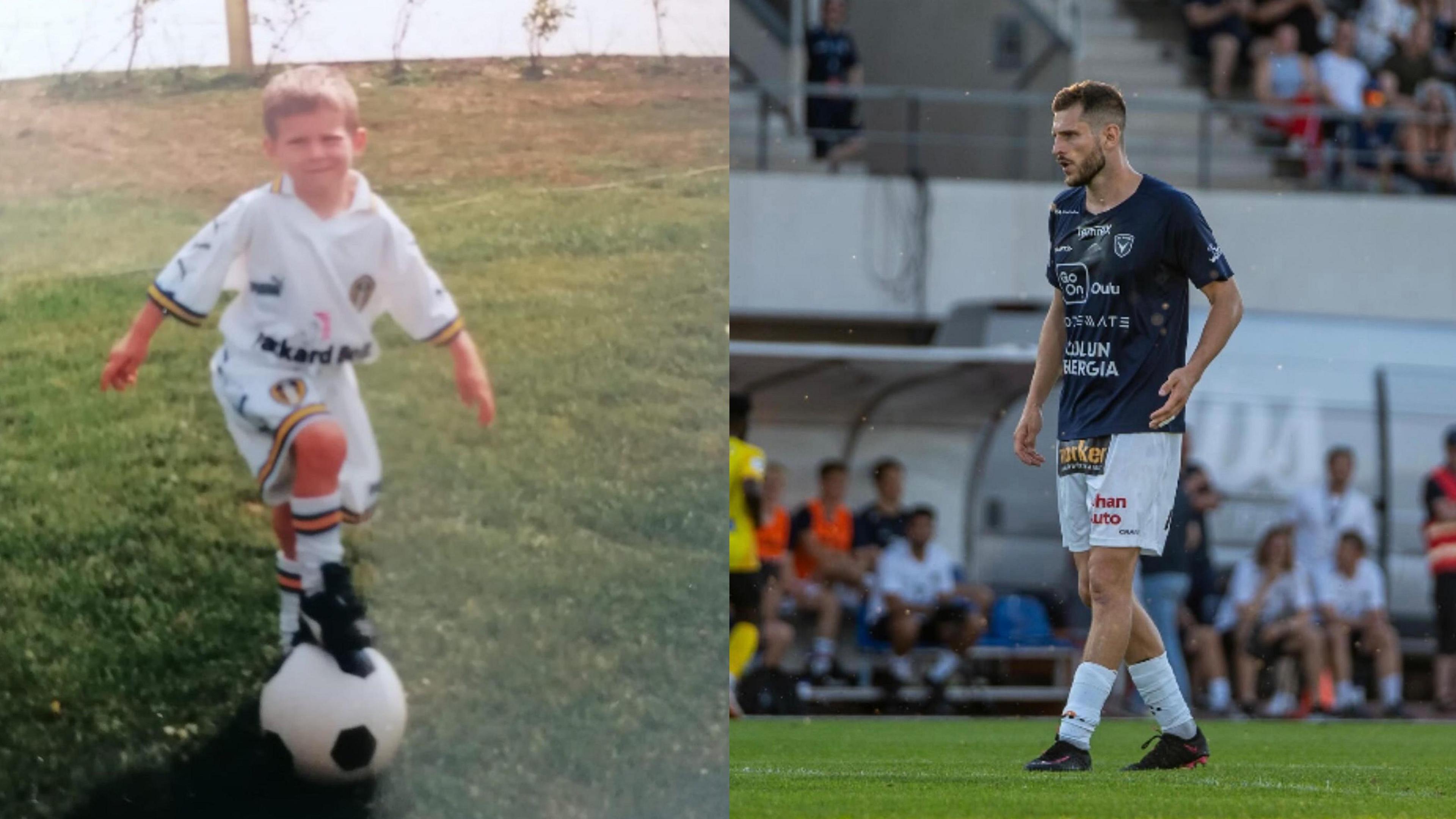 A two-picture collage shows a young Ashley Coffey standing over a ball while wearing a Leeds United shirt on the left, while the picture on the right shows him playing in a match for his Finnish side AC Oulu this season.