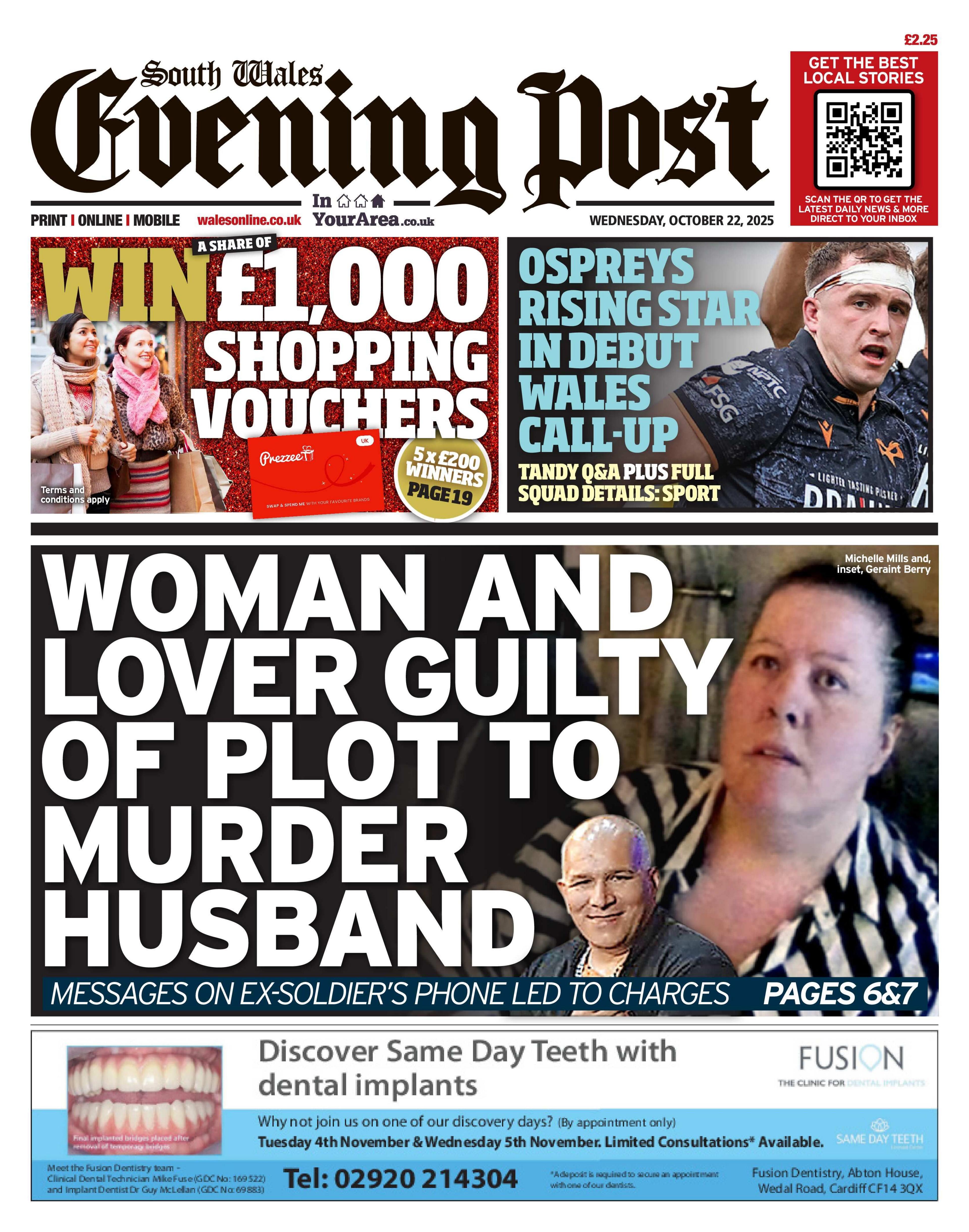 South Wales Evening Post newspaper front page with photo montage of Michelle Mills and Geraint Berry. Berry has short grey hair and a dark coloured top and is smiling and Mills is looking concerned in a still taken from police footage of her arrest. She has dark hair which is tied back and wearing a black and white striped blouse. Main headline: Woman and lover guilty of plot to murder husband. Above an image of a rugby player is accompanied by headline: Ospreys rising star in debut Wales call-up. Tandy Q&A plus full squad details: sport.