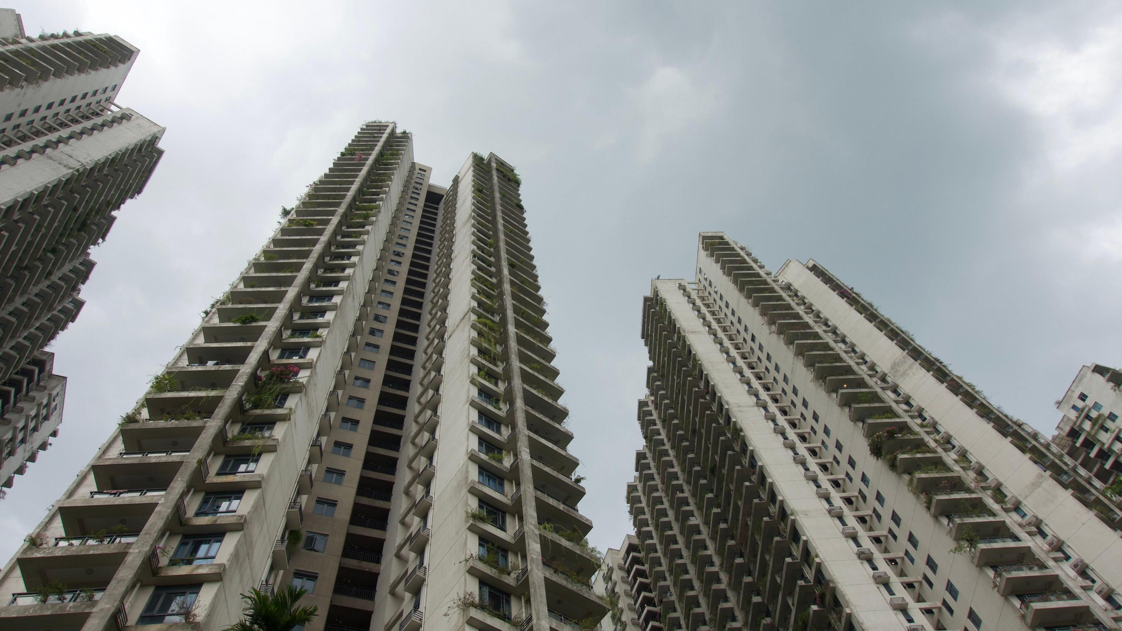 High-rise apartment buildings in Forest City seen from below