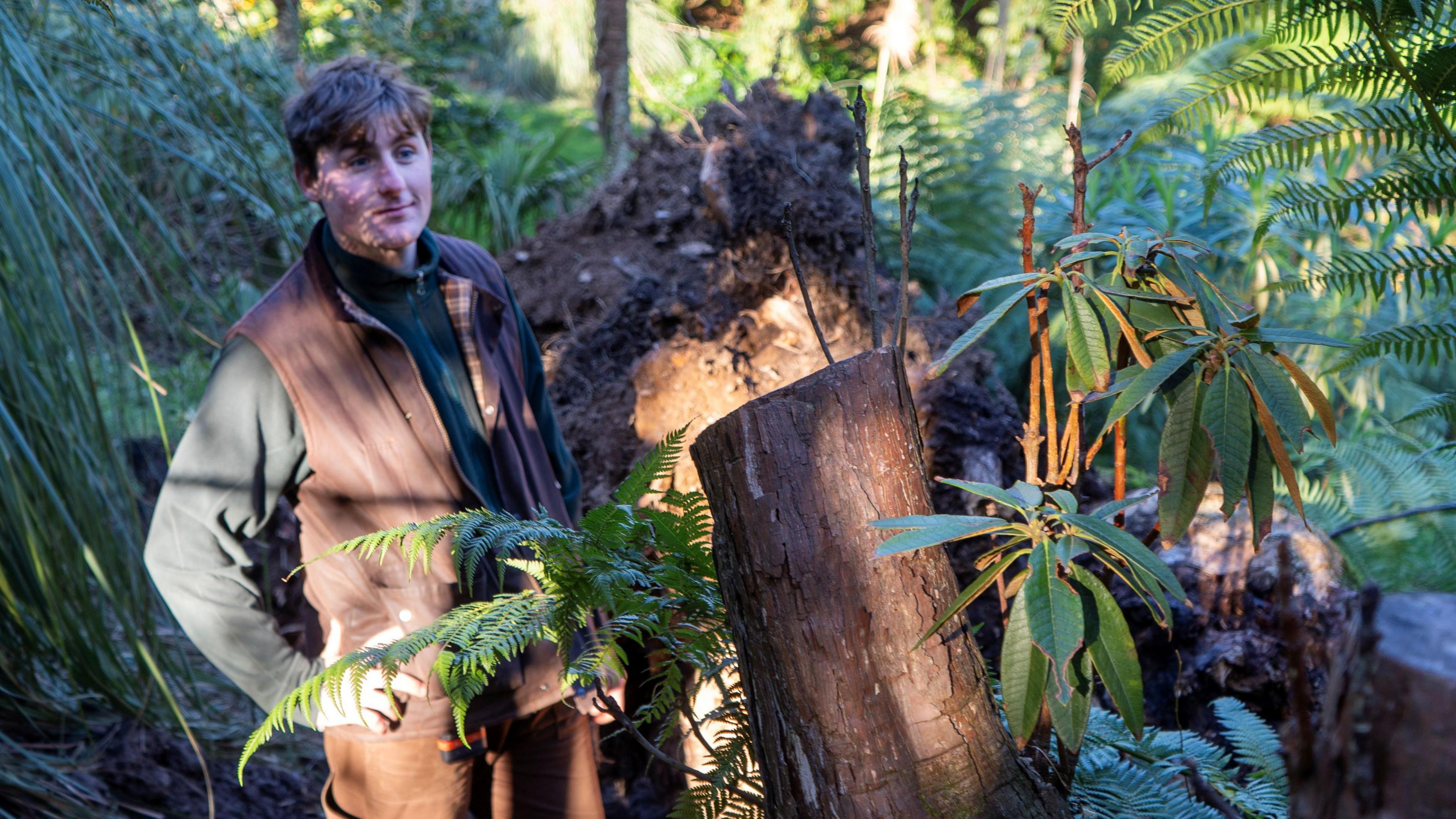 A man in a green jumper and brown body warmer stands next to an offshoot from a tree stump.