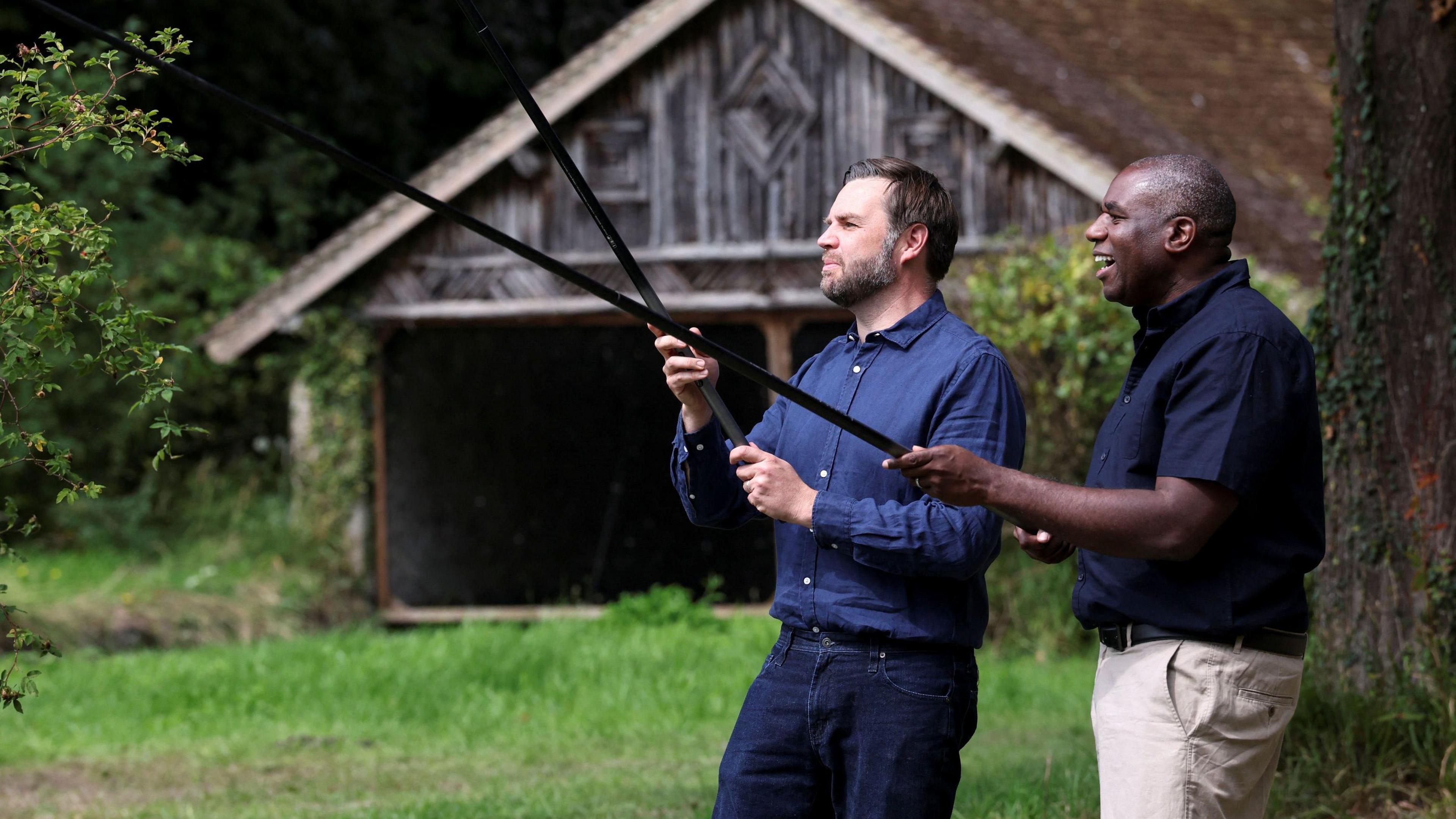 Foreign Secretary David Lammy fishes with US vice president JD Vance at Chevening House in Kent, during his visit to the UK. Picture date: Friday August 8, 2025.