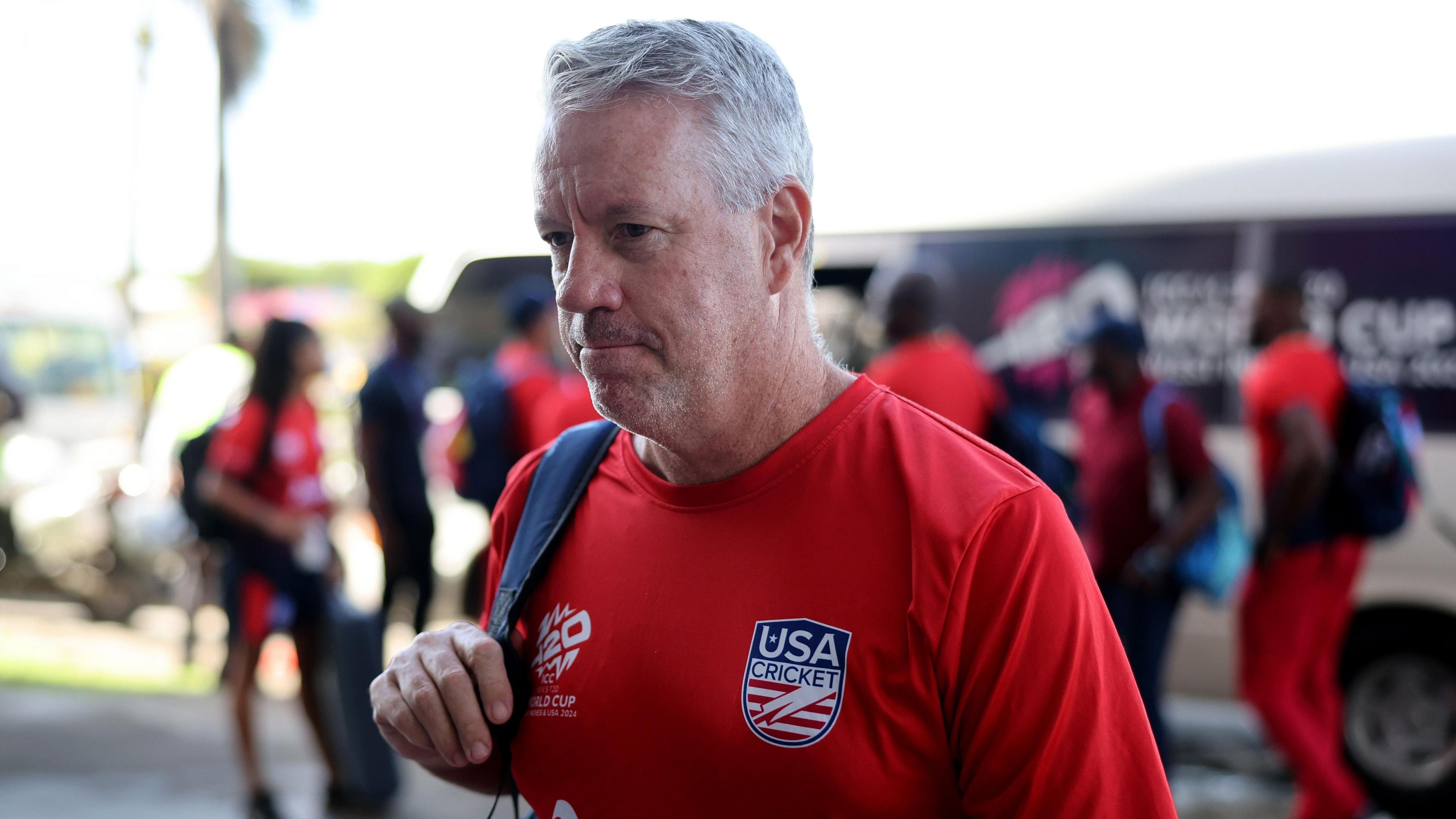 Stuart Law leaves the USA team bus at the T20 World Cup