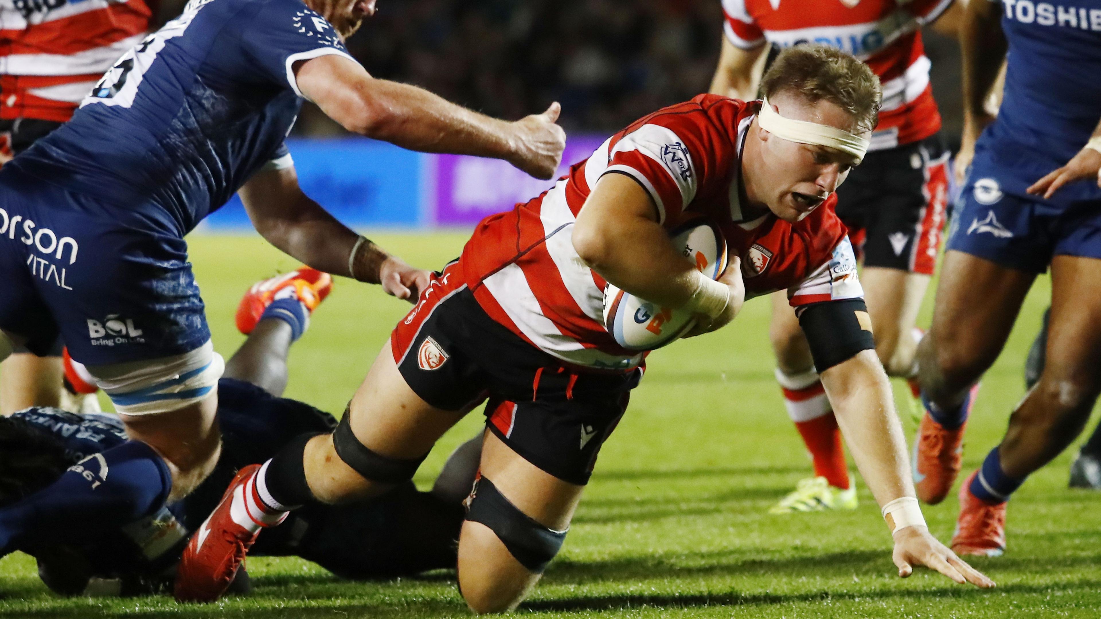 Jack Clement scores Gloucester's sole try in the Prem defeat at Sale in September