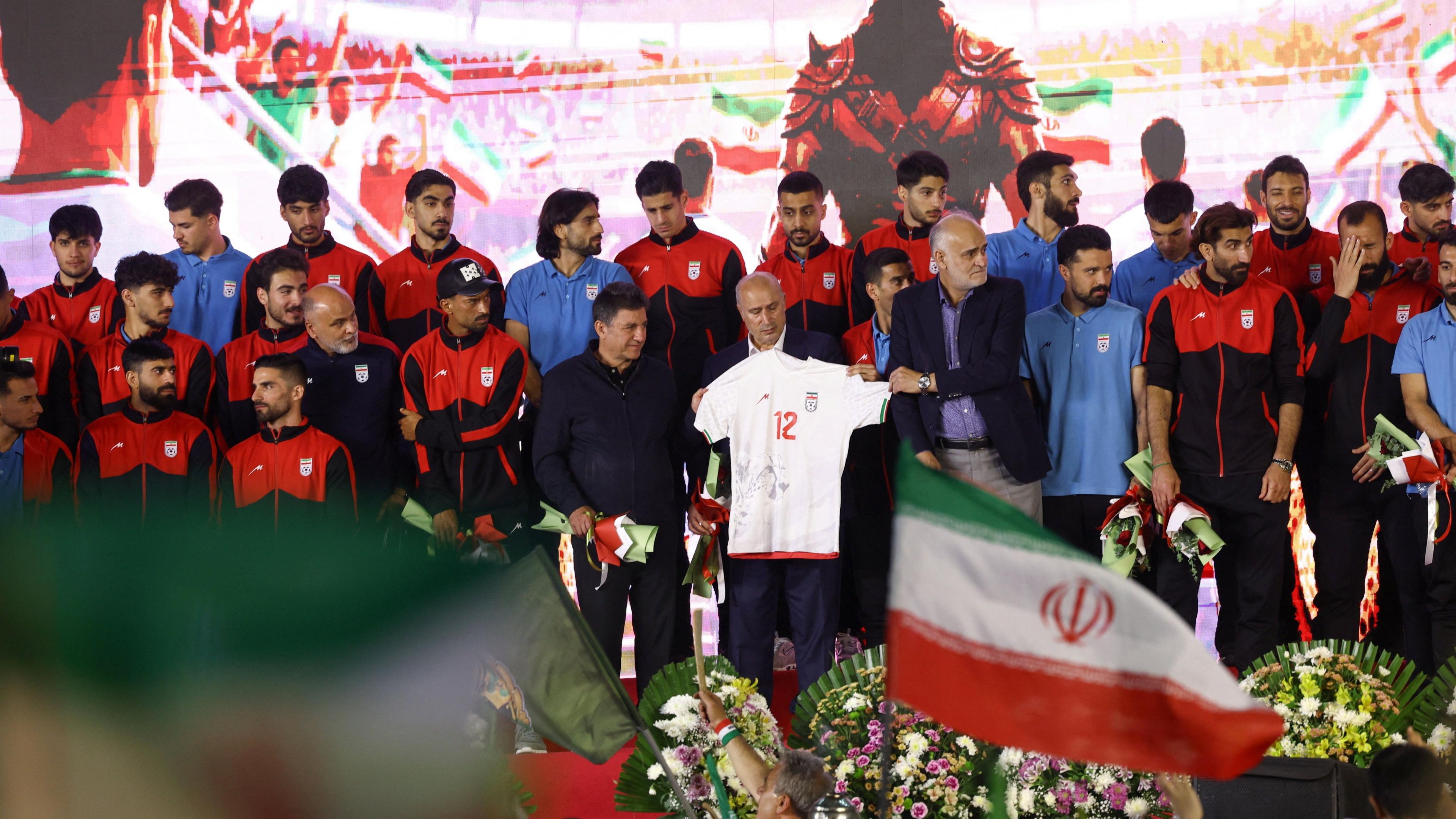 Iran players and officials in Enqelab Square in Tehran