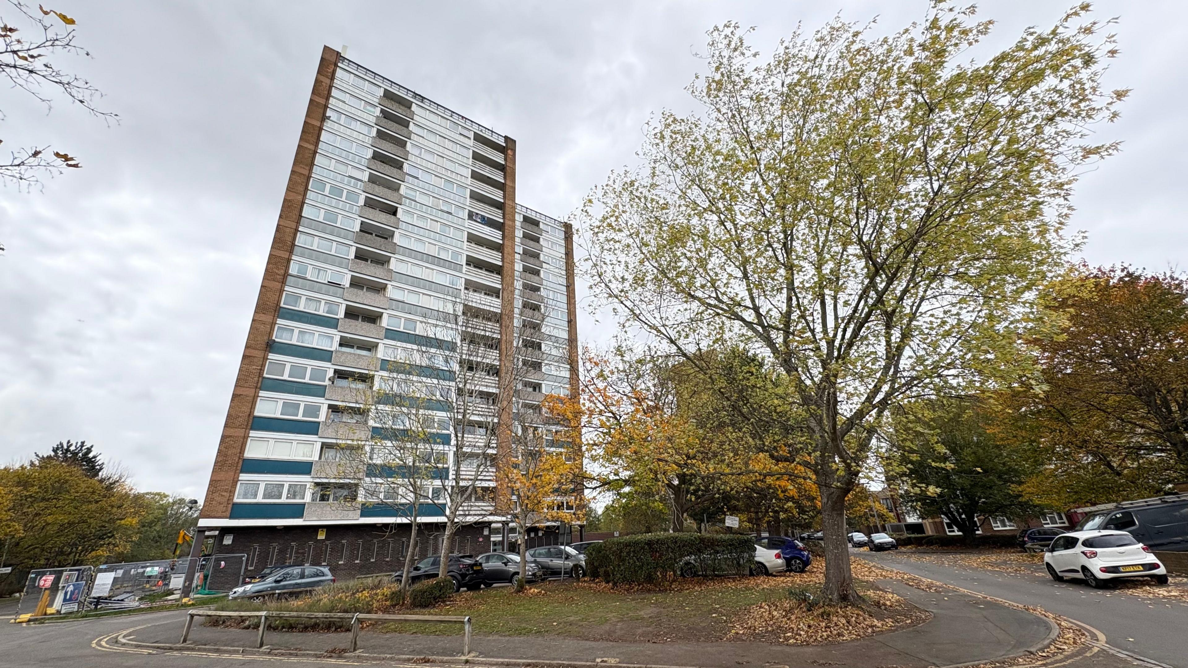 17-storey tower block with red brick at either end, grey walls in between and blue edging to the windows. There is a car park in front. There are trees to the right and a grassed in the foreground.