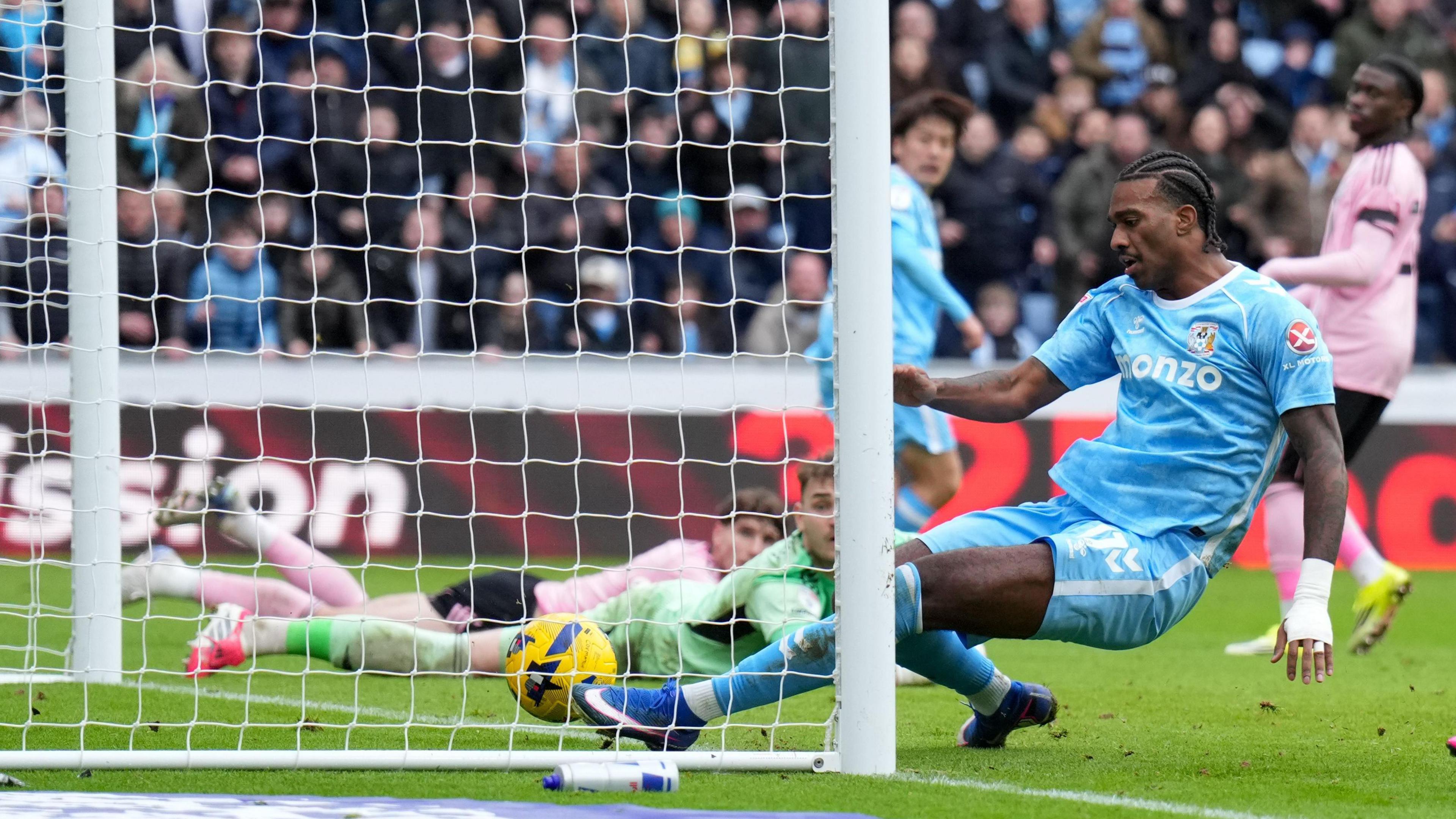 Haji Wright scores for Coventry City in their win over Leicester City