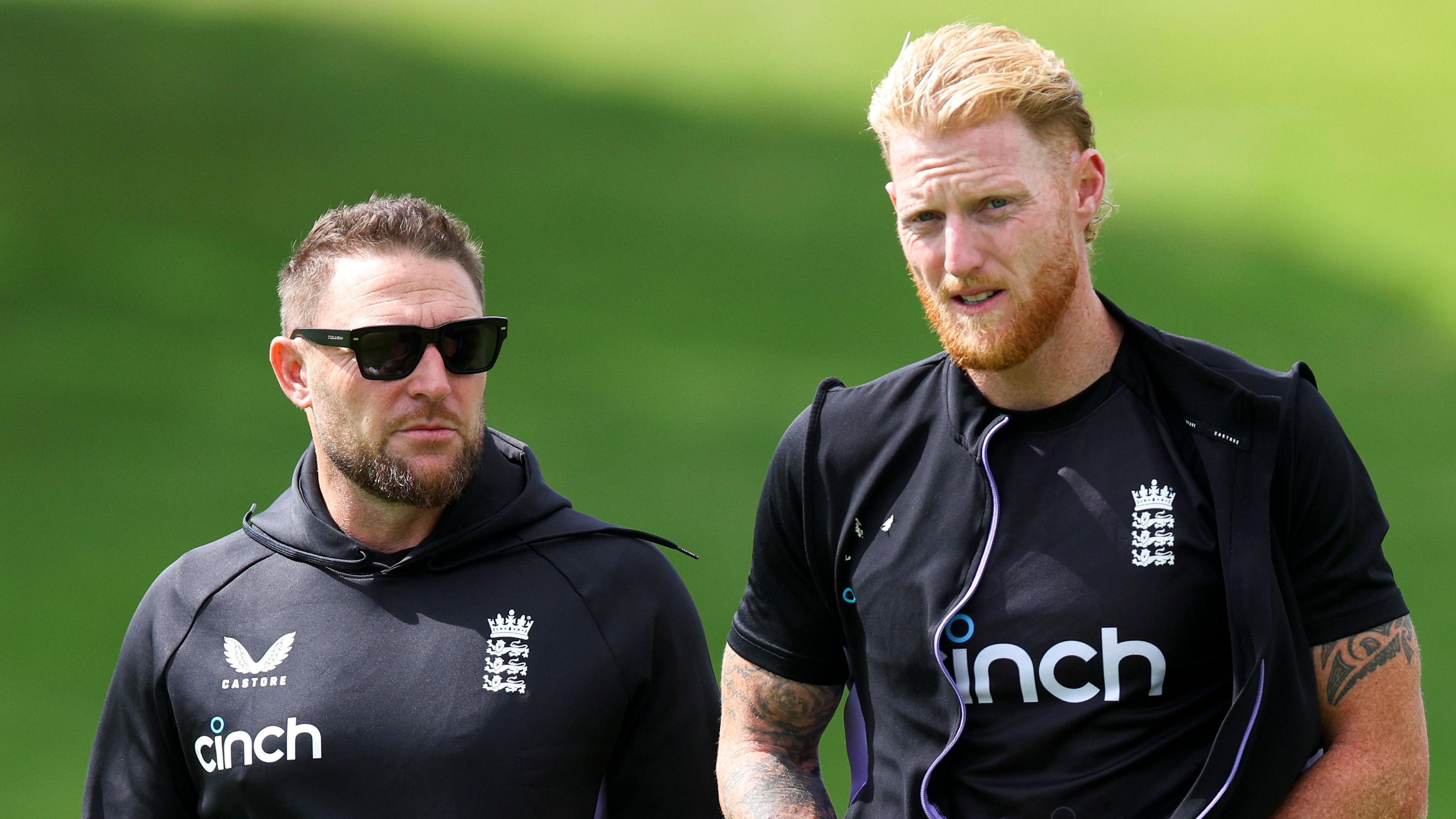 England head coach Brendon McCullum (left) speaks to Test captain Ben Stokes (right)