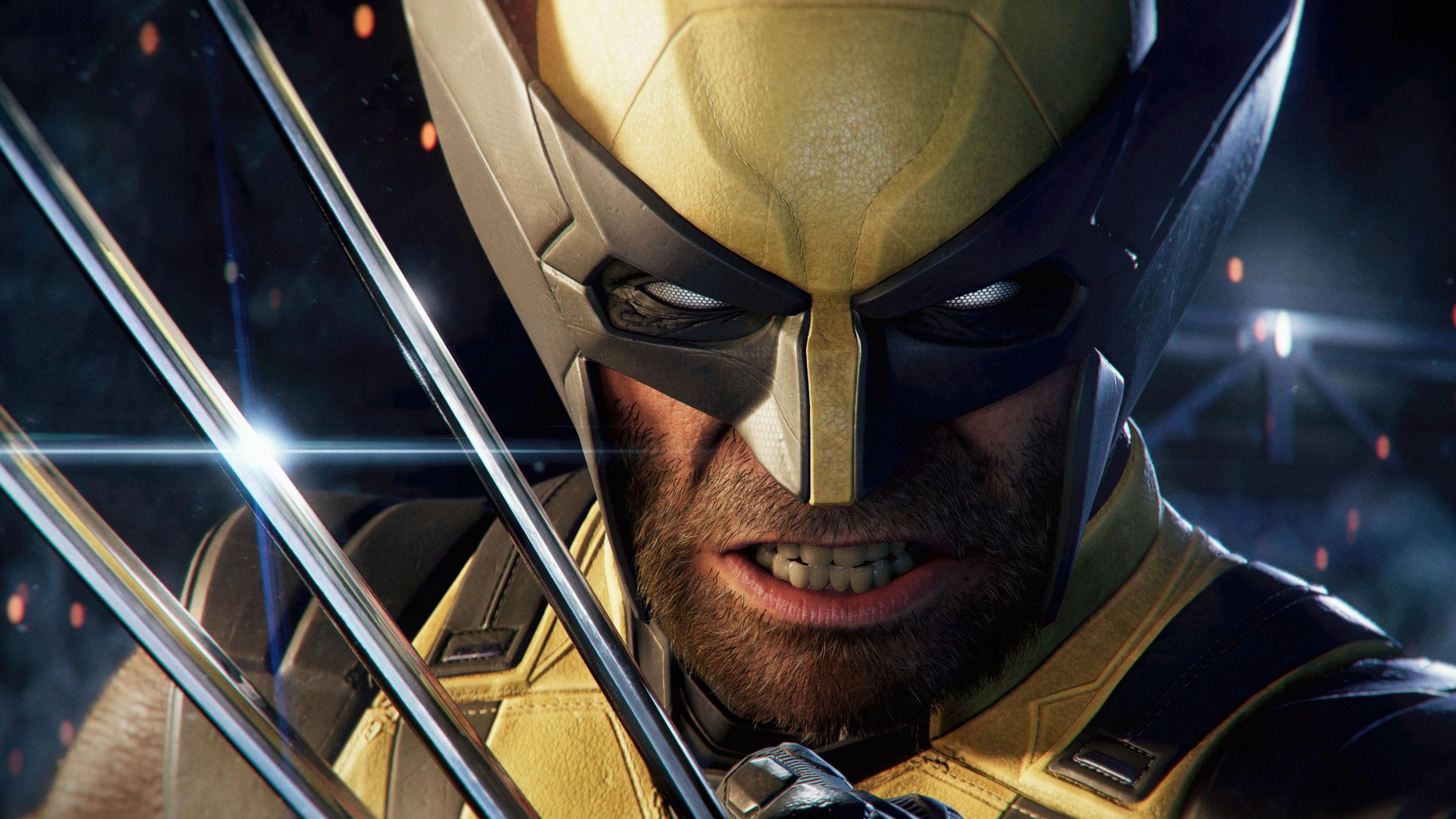 A screenshot shows Wolverine in close-up, dressed in his classic yellow costume with black trim. He is scowling as he holds up his trademark adamantium claws.