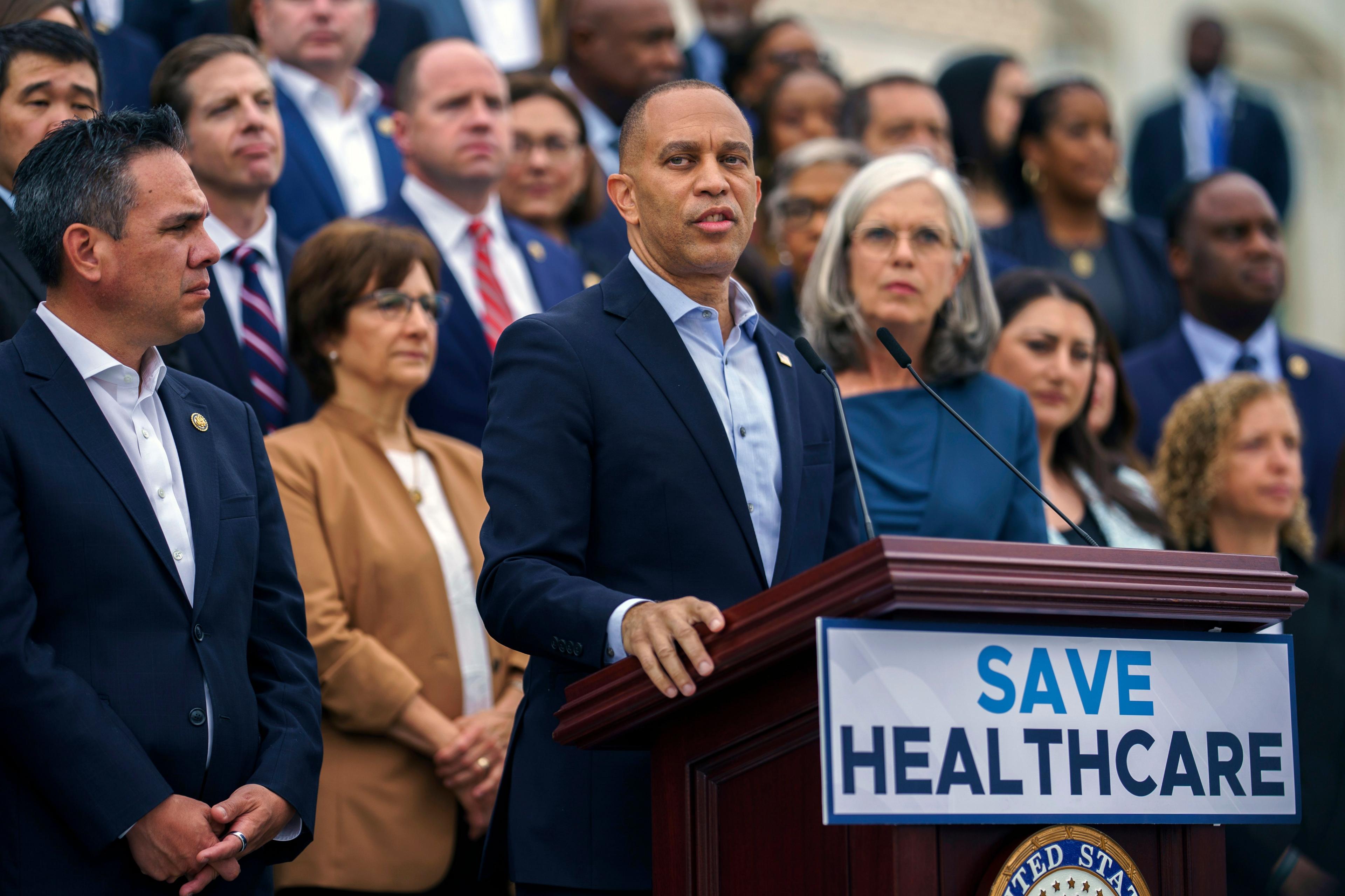 US House Minority Leader Hakeem Jeffries and other Democratic House members hold a press conference on the US Capitol steps a day before a partial government shutdown commenced in Washington DC.
