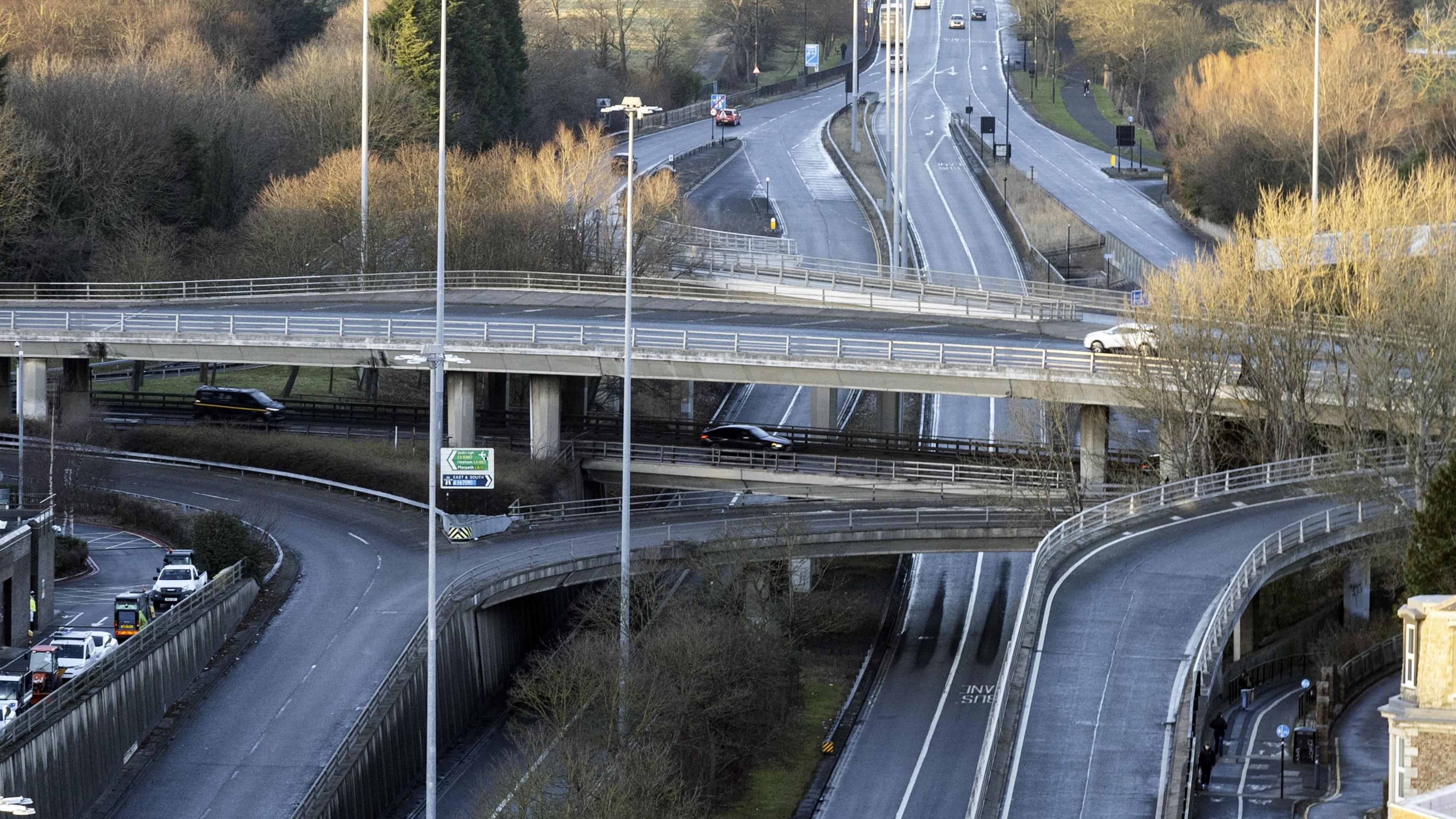 An aerial view of Newcastle's A167 Central Motorway. A number of roads are interconnected by three-storeys of flyovers and slip roads.