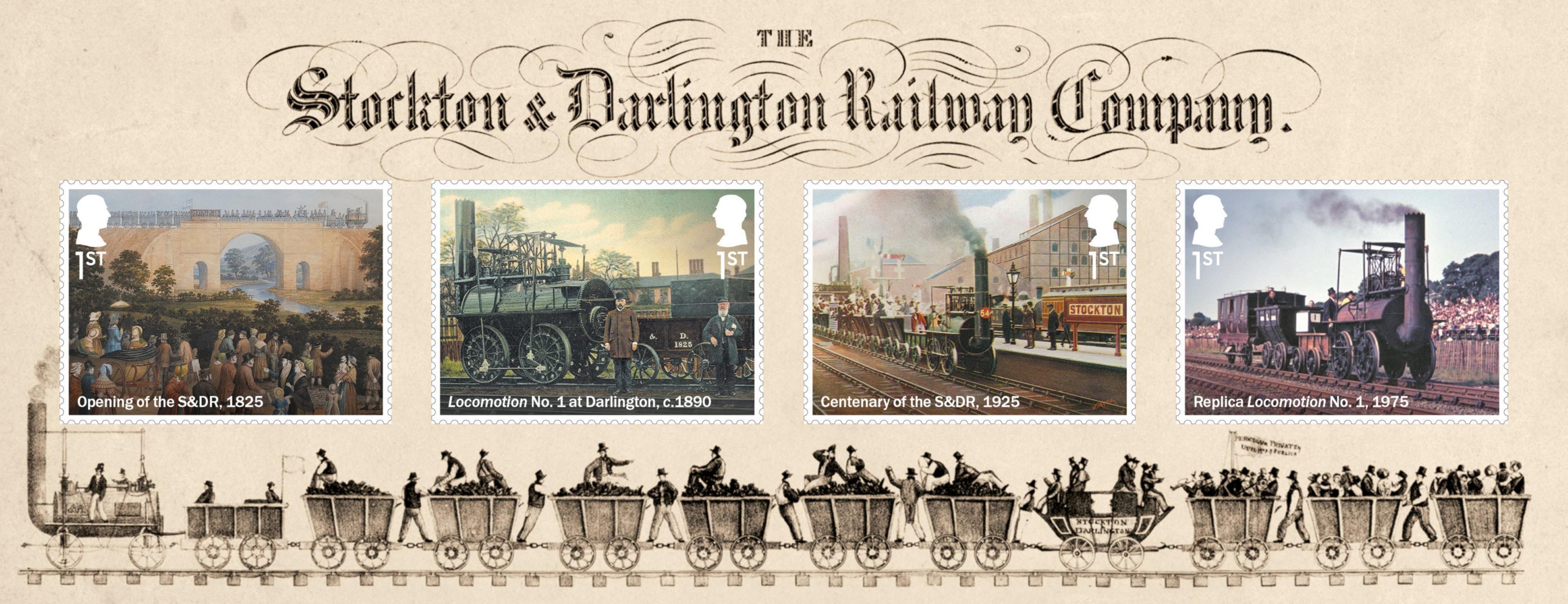 Set of four stamps, presented in a miniature sheet to mark the 200th anniversary of the opening of the Stockton and Darlington Railway