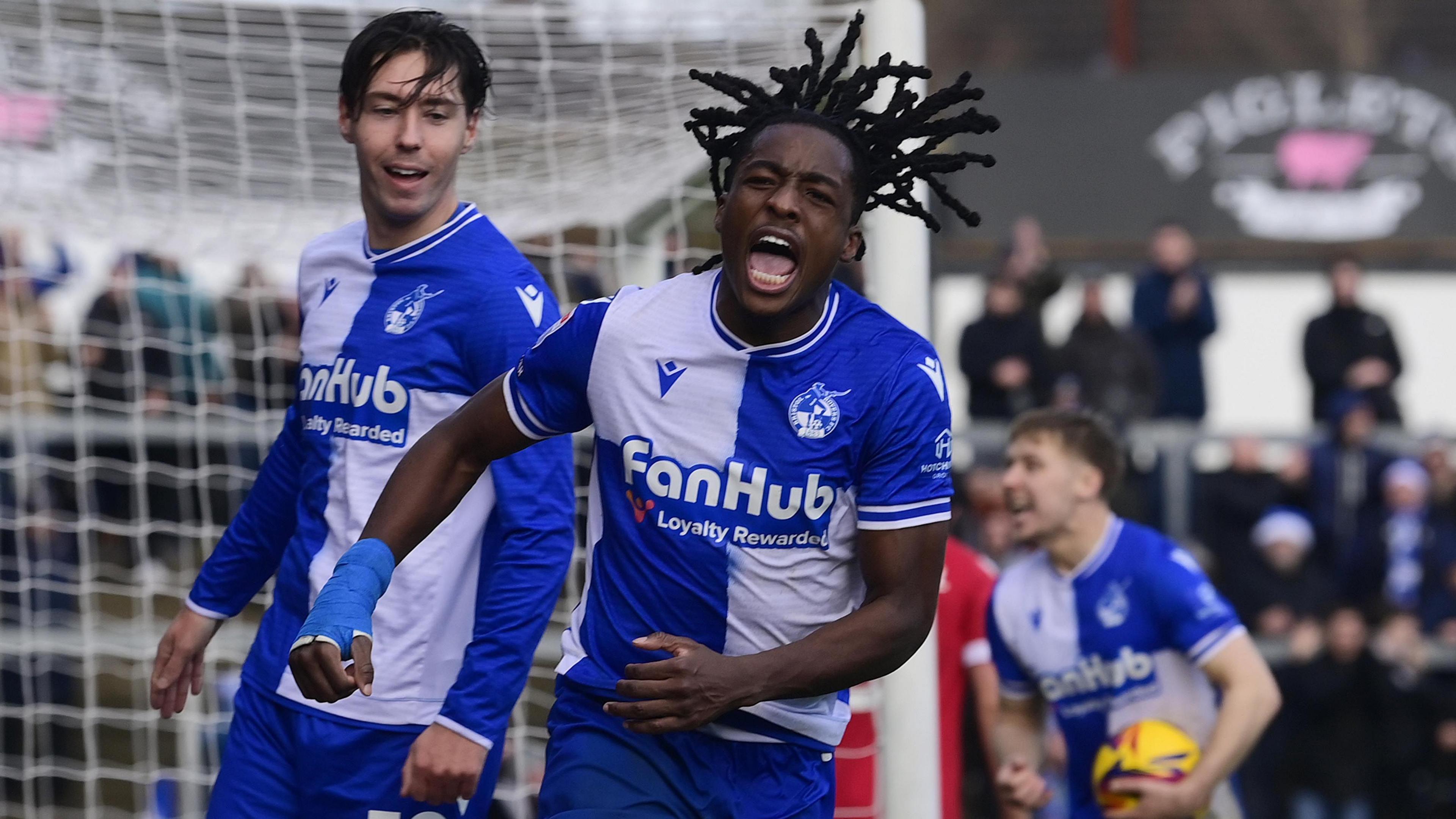 Goal celebrations for Promise Omochere of Bristol Rovers