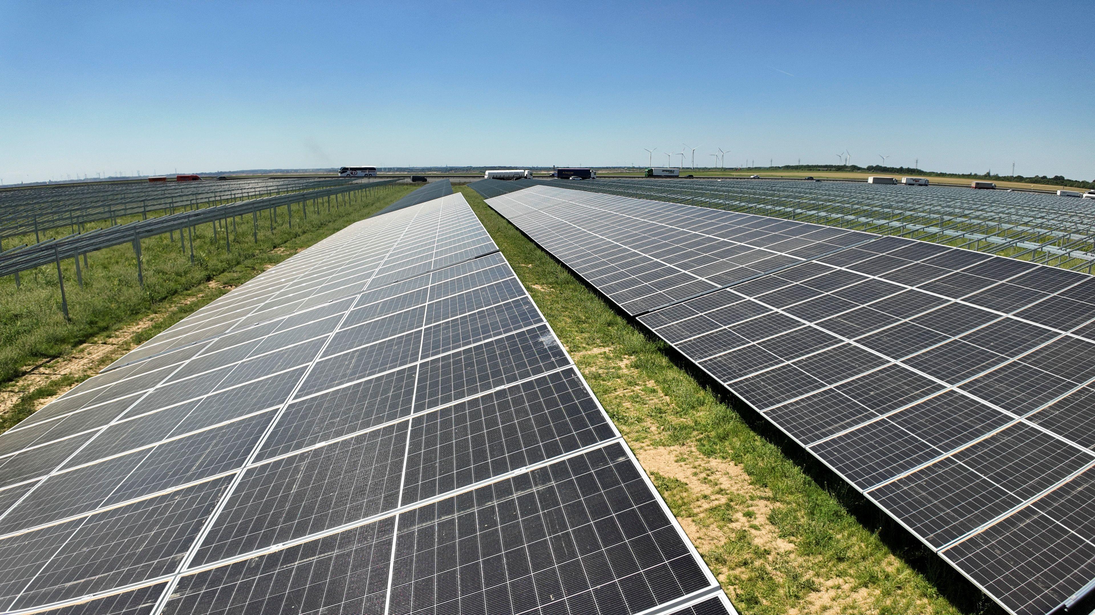 Image of black solar panels in a grassy field.