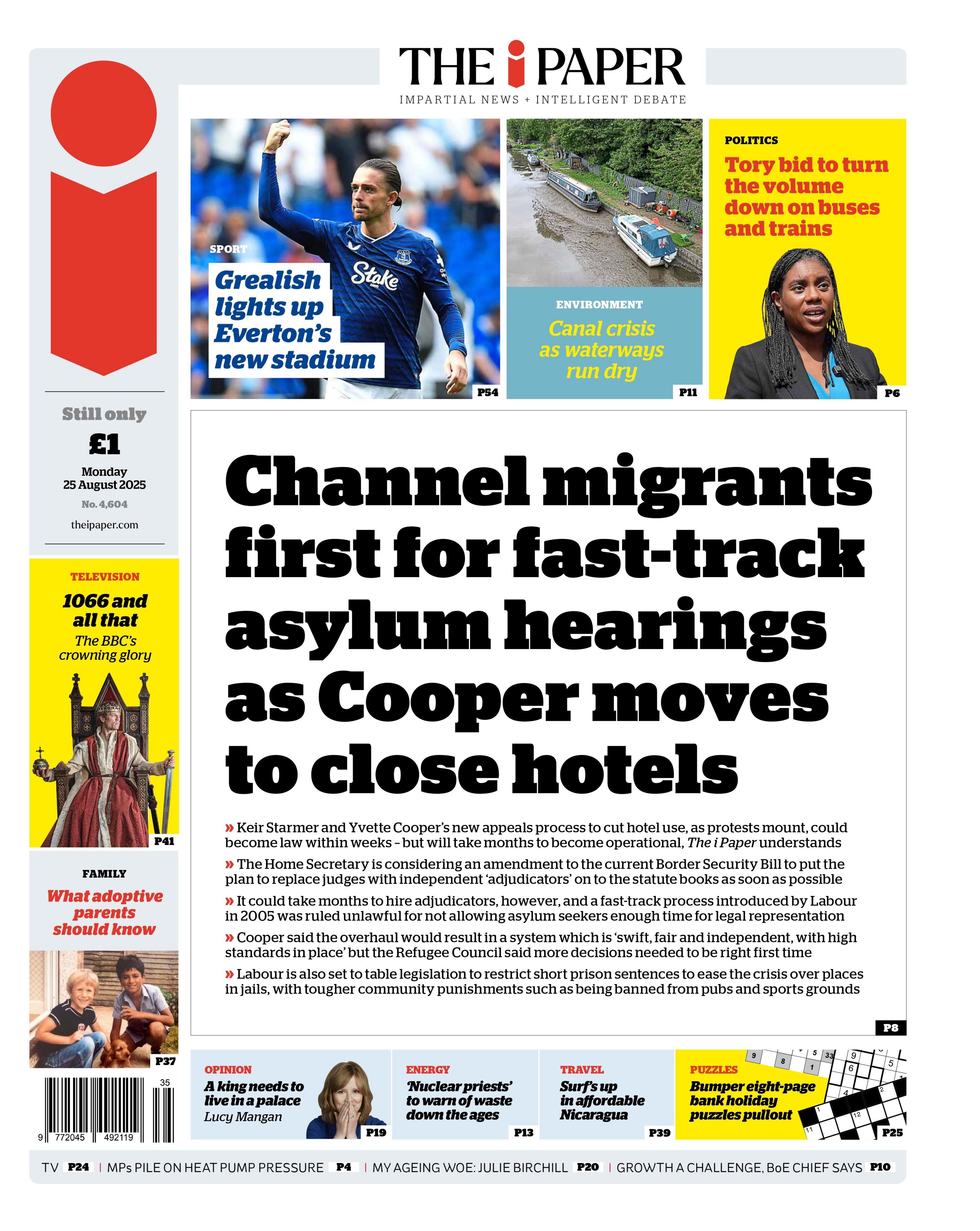 The headline on the front page of the i Paper reads: "Channel migrants first for fast-track asylum hearings as Cooper moves to close hotels".